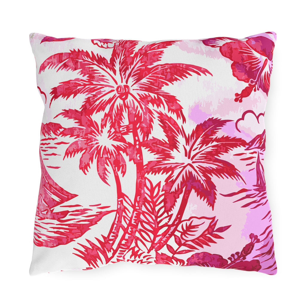 Pink Tropical Palm Print Outdoor Pillow | Hibiscus Beach Pattern