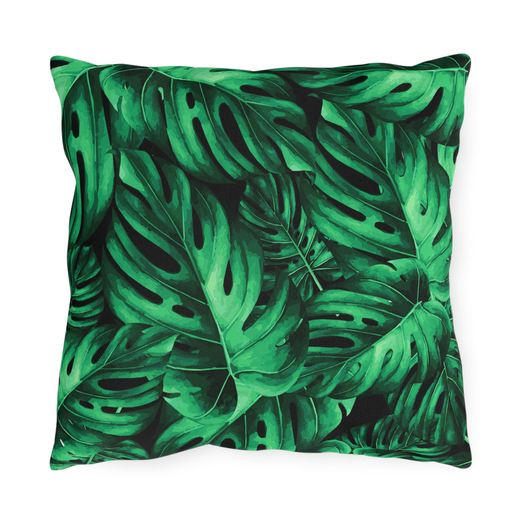 Monstera Leaf Outdoor Pillow — Tropical Green Patio Cushion