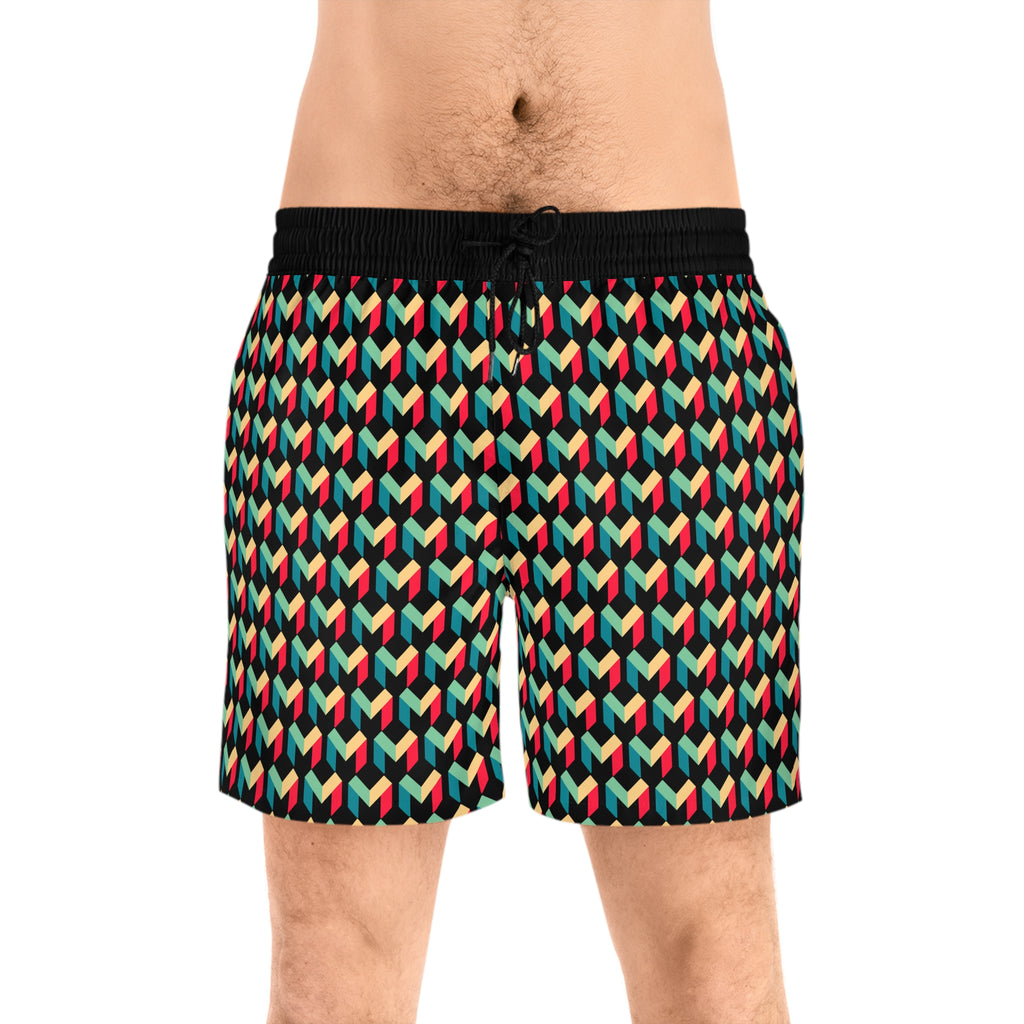 Men's Geometric Retro Swim Shorts — Colorful 3D Cube Pattern
