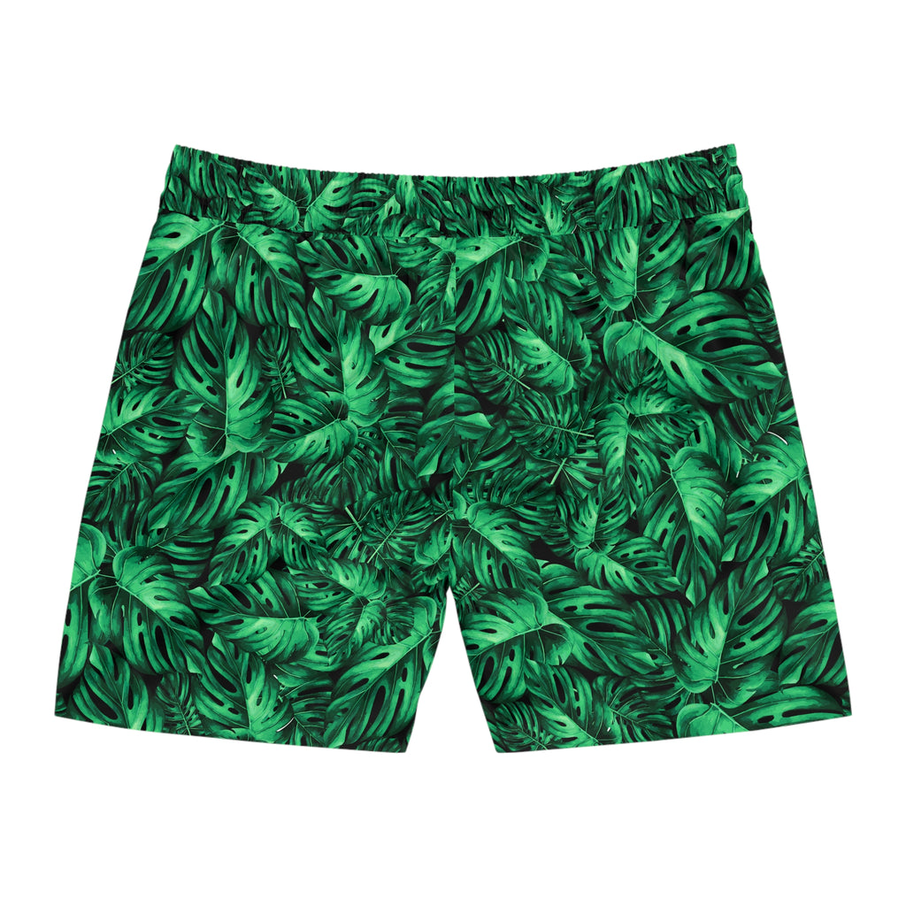 Tropical Monstera Swim Shorts — Men's Green Leaf Mid-Length Beach Trunks