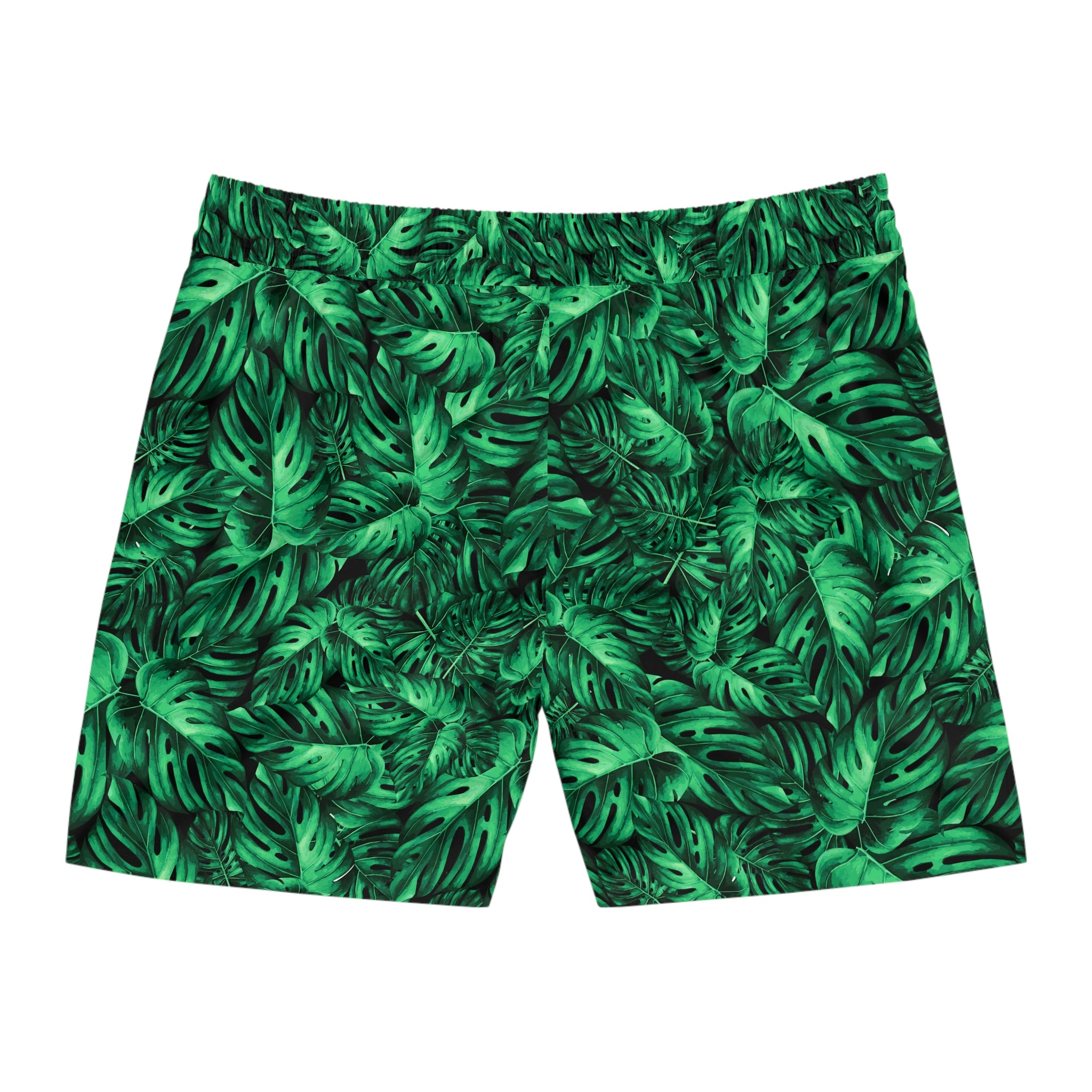 Tropical Monstera Swim Shorts — Men's Green Leaf Mid-Length Beach Trunks