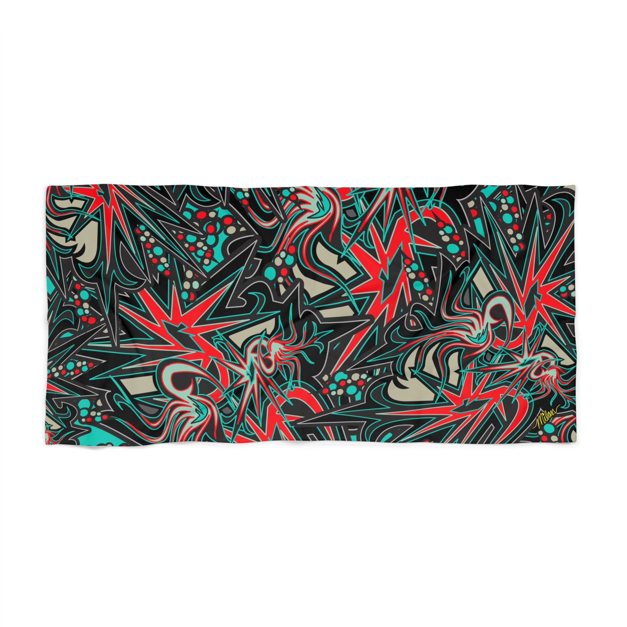 Abstract Starburst Beach Towel – Retro Red & Teal Swirl Pattern