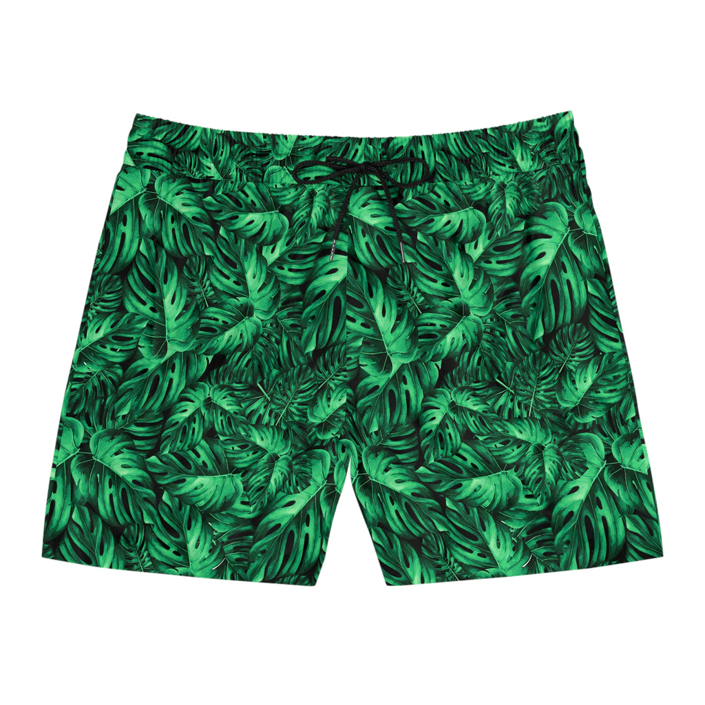 Tropical Monstera Swim Shorts — Men's Green Leaf Mid-Length Beach Trunks