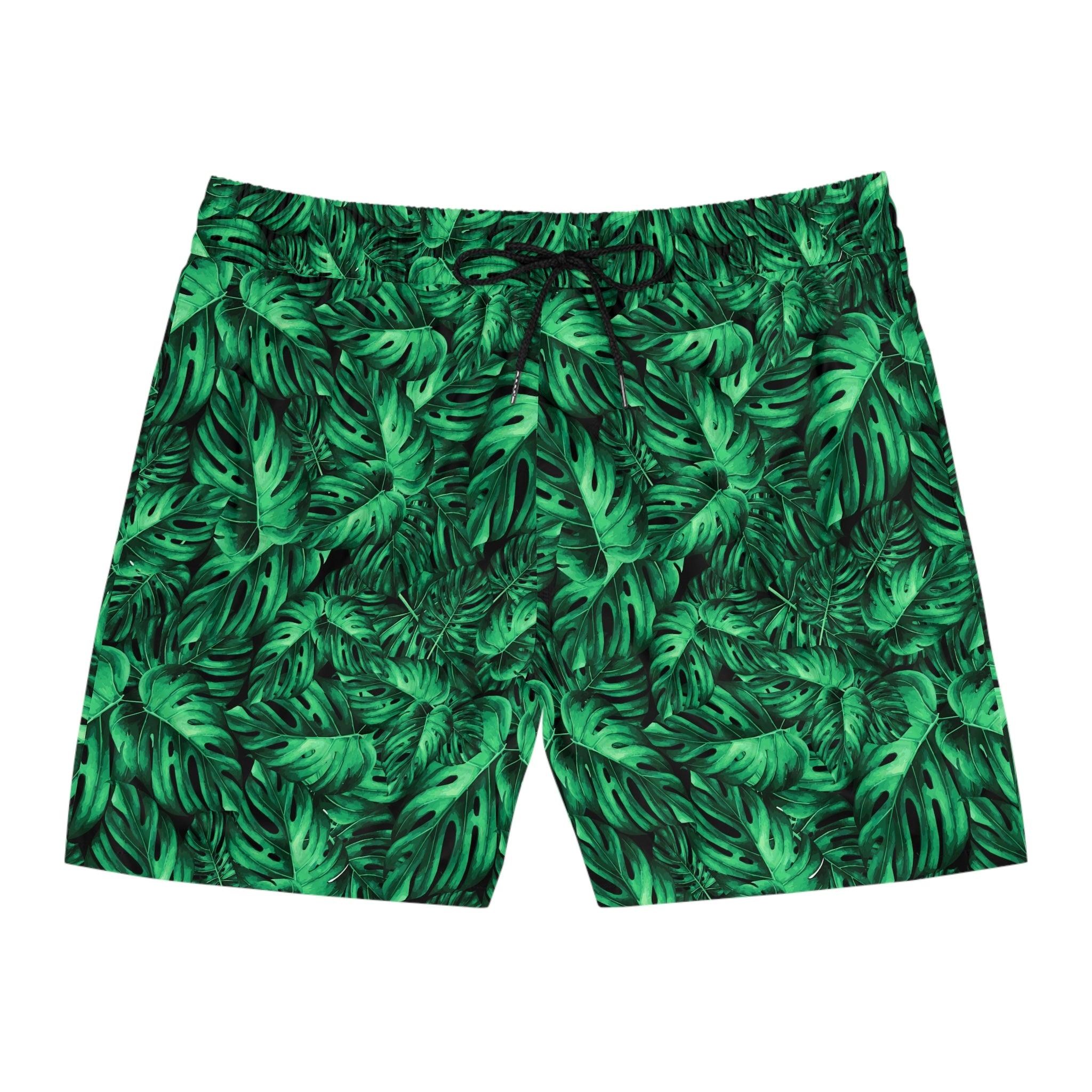 Tropical Monstera Swim Shorts — Men's Green Leaf Mid-Length Beach Trunks