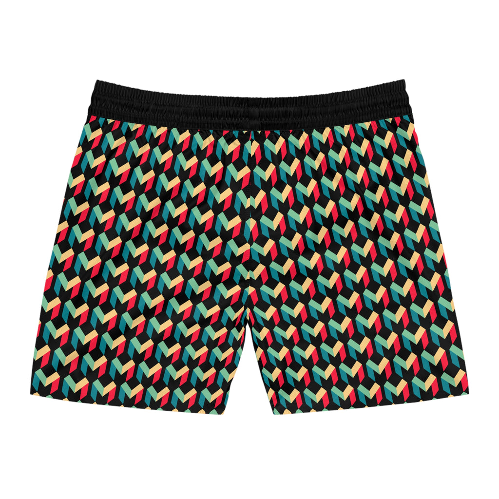 Men's Geometric Retro Swim Shorts — Colorful 3D Cube Pattern