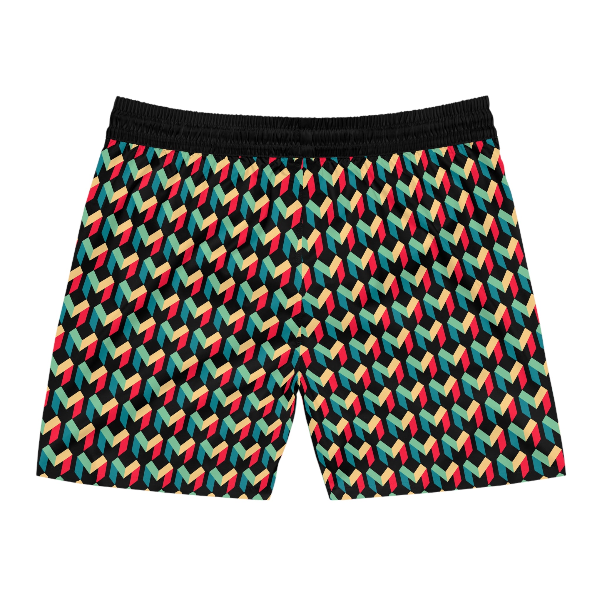 Men's Geometric Retro Swim Shorts — Colorful 3D Cube Pattern