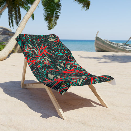 Abstract Starburst Beach Towel – Retro Red & Teal Swirl Pattern