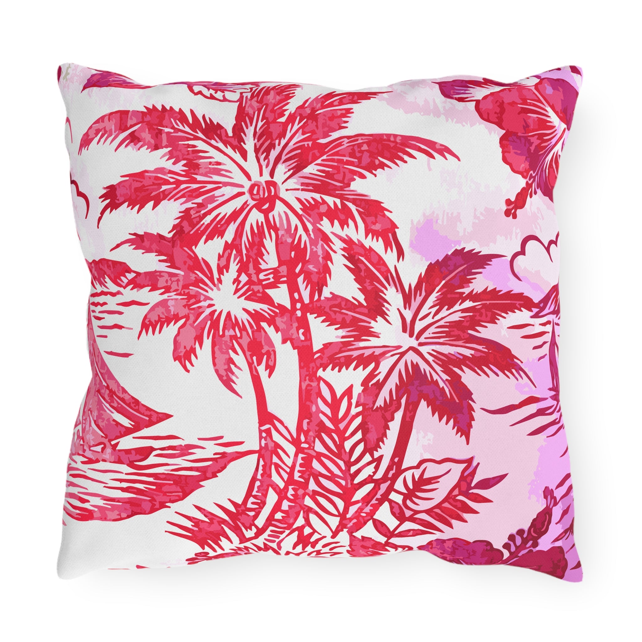 Pink Tropical Palm Print Outdoor Pillow | Hibiscus Beach Pattern