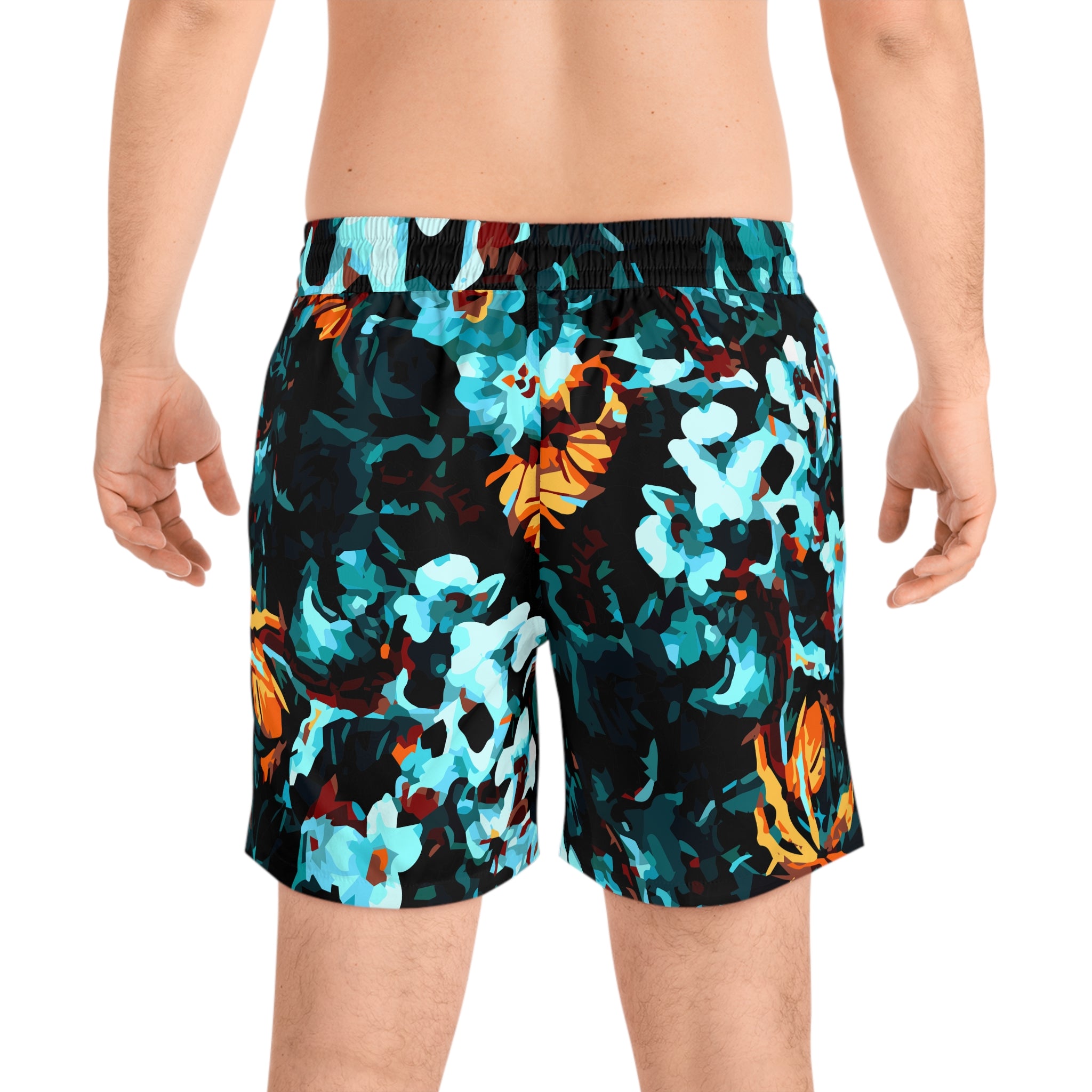 Teal Orange Floral Swim Shorts | Men's Mid-Length Beach Trunks