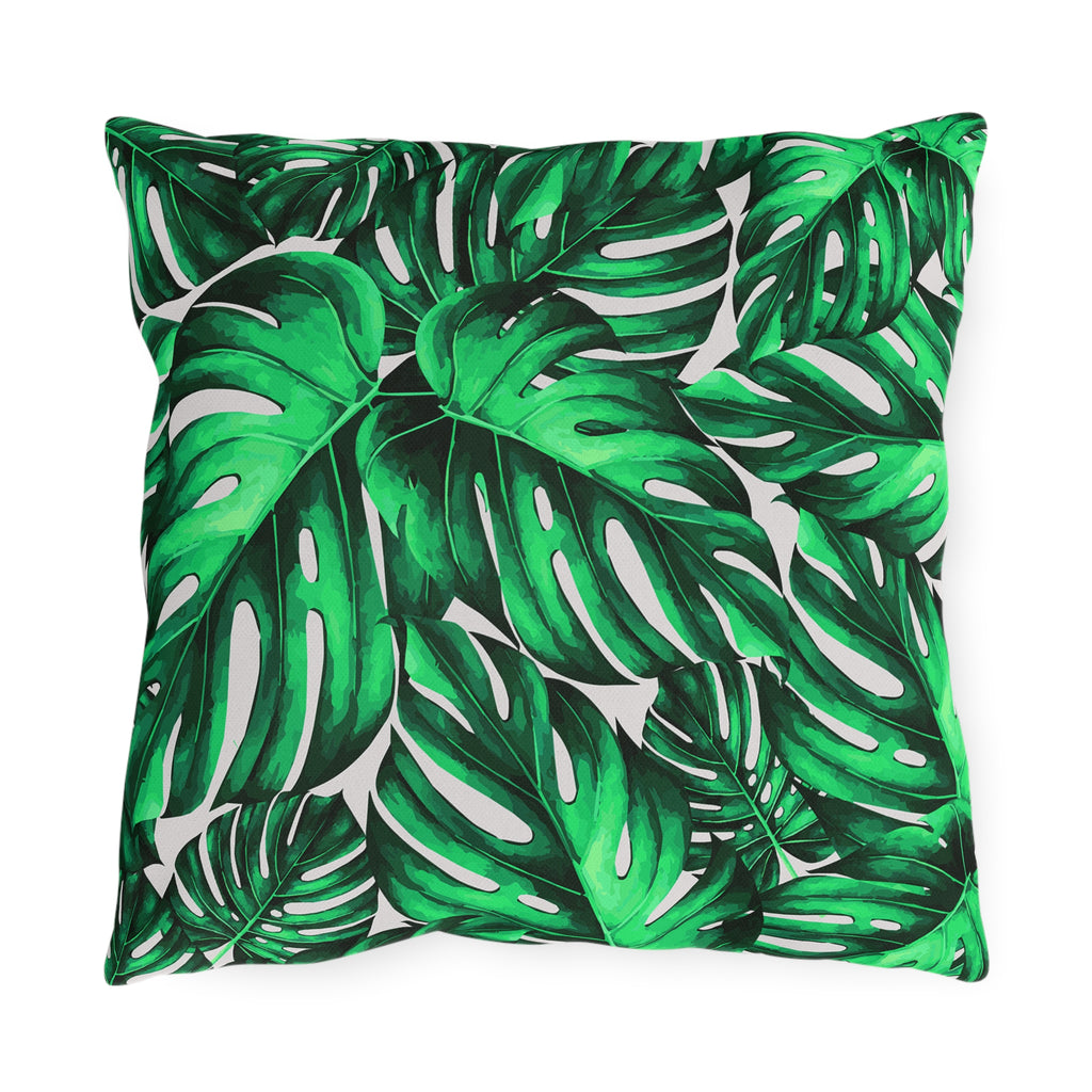 Monstera Leaf Outdoor Pillow — Tropical Green Patio Cushion