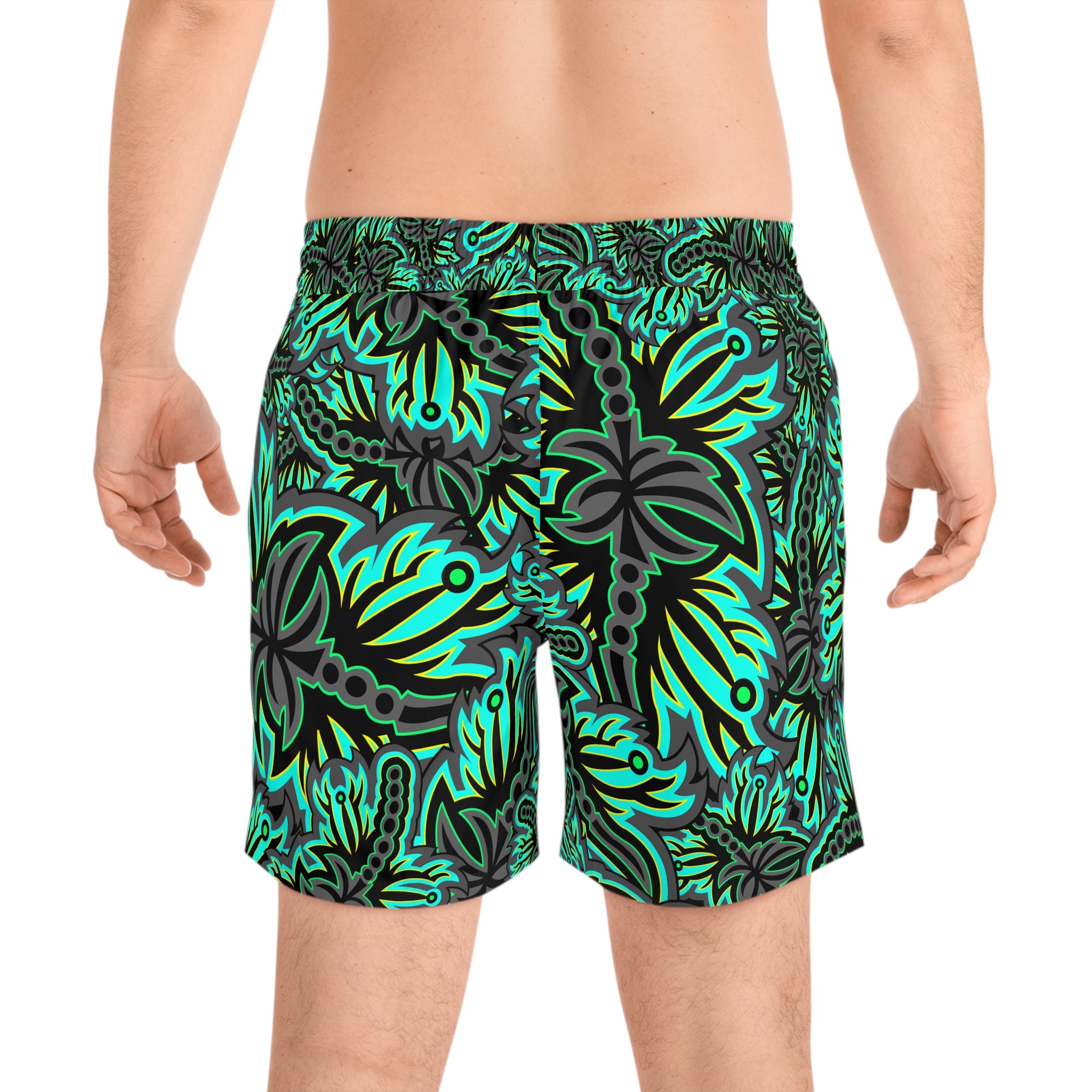 Tropical Green Floral Swim Shorts — Men's Mid-Length Beach Trunks
