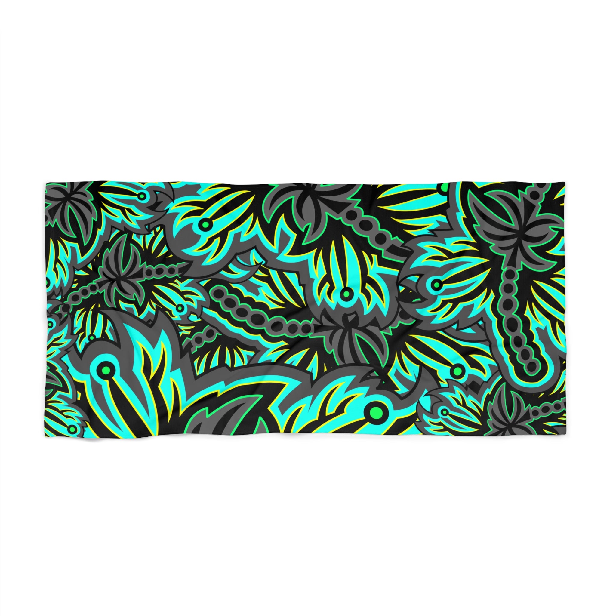 Tropical Floral Beach Towel — Teal & Black Hawaiian Pattern