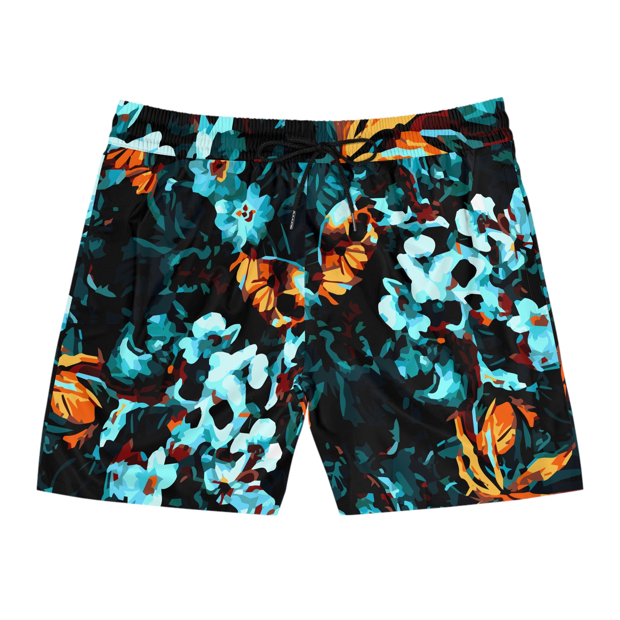 Teal Orange Floral Swim Shorts | Men's Mid-Length Beach Trunks