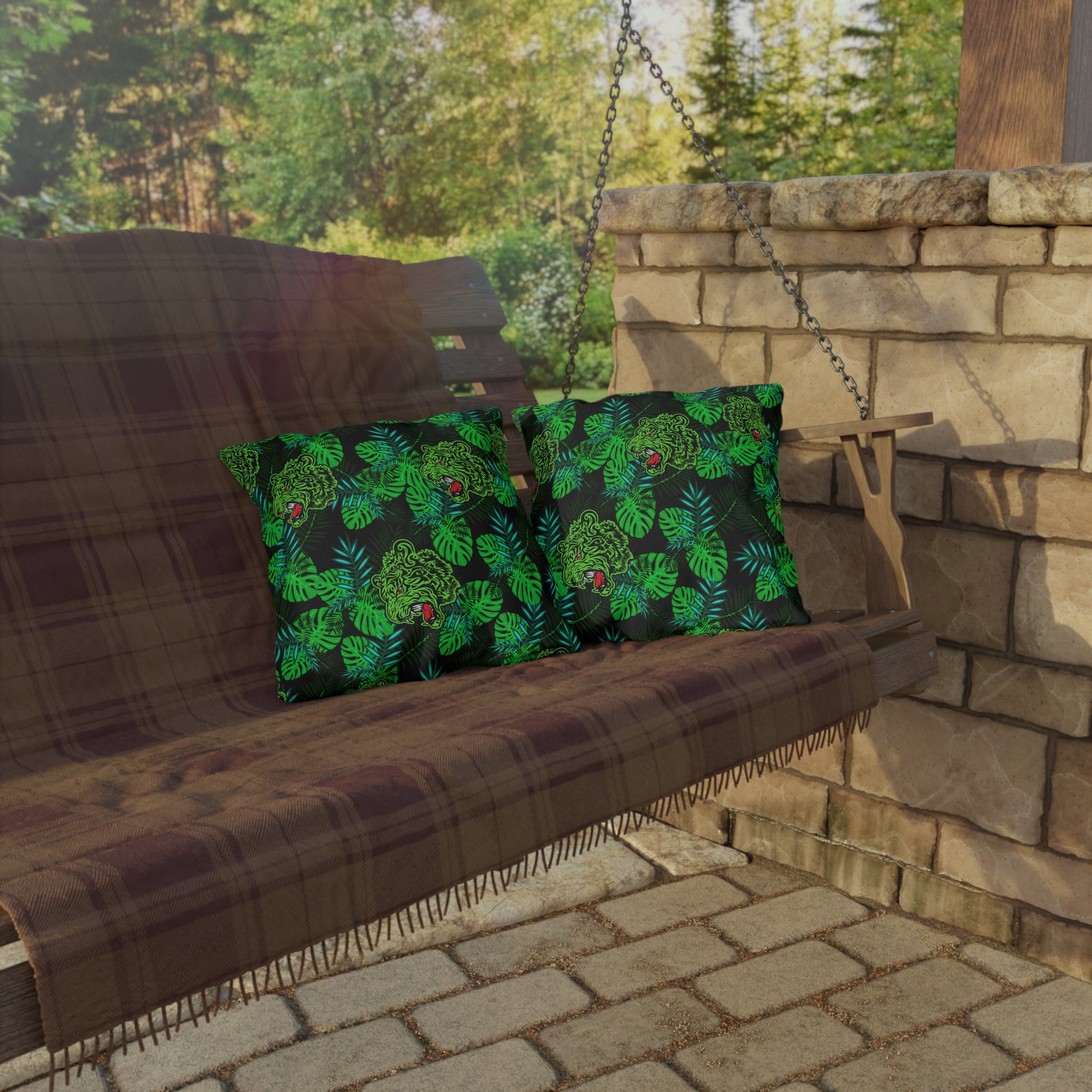 Tropical Tiger Outdoor Pillow — Green Jungle Leaf Pattern