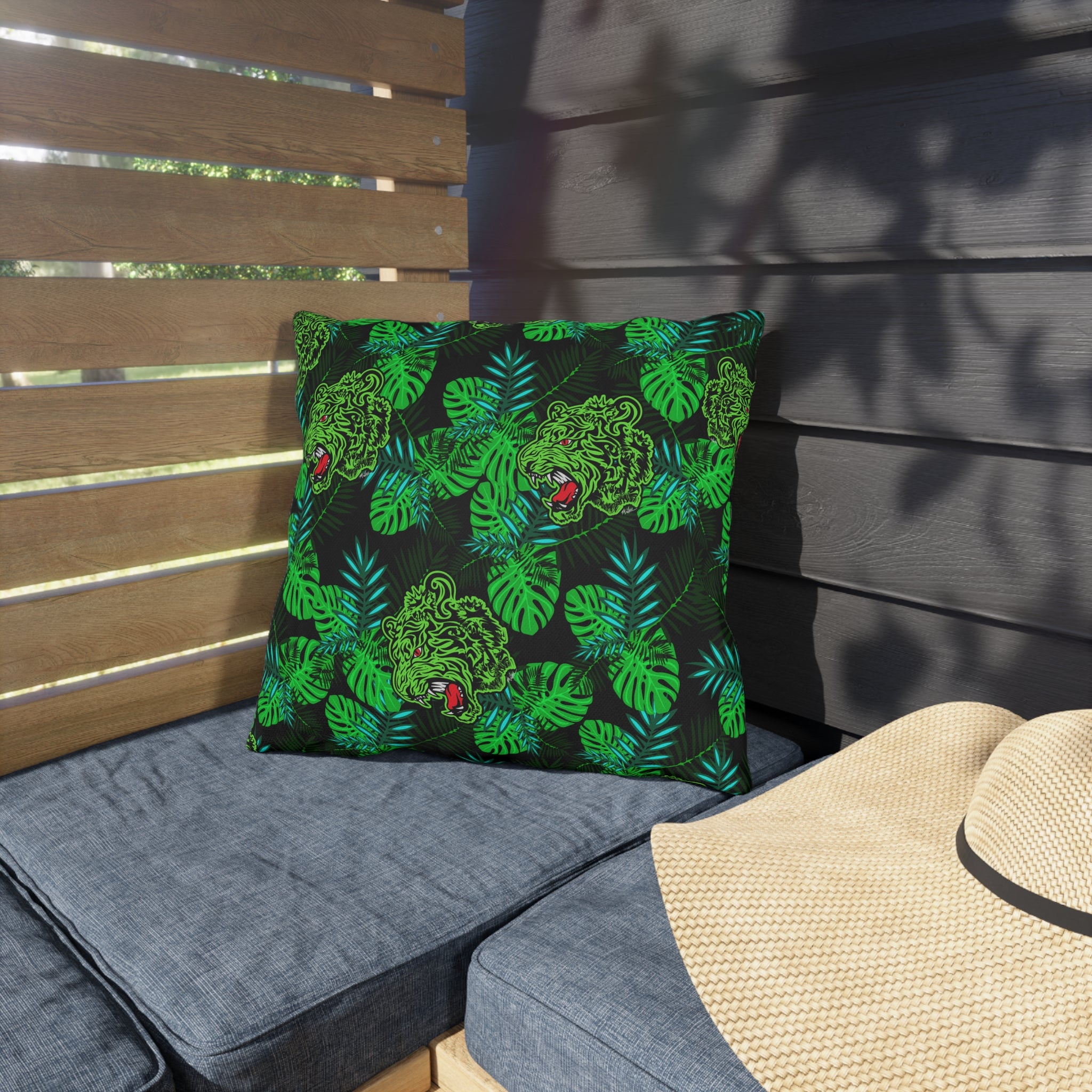 Tropical Tiger Outdoor Pillow — Green Jungle Leaf Pattern