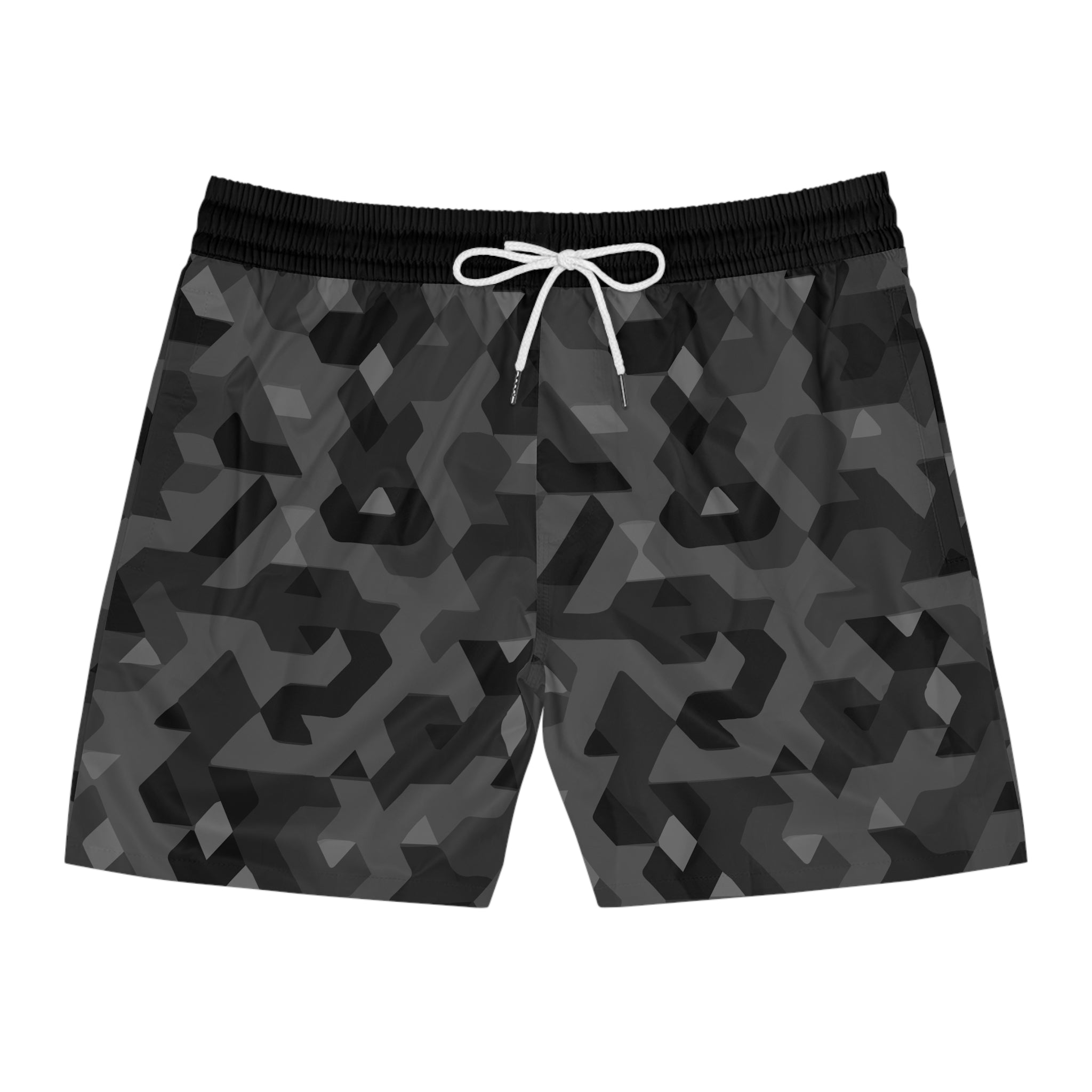 Men's Mid-Length Swim Shorts — Dark Geometric Camo All-Over Print