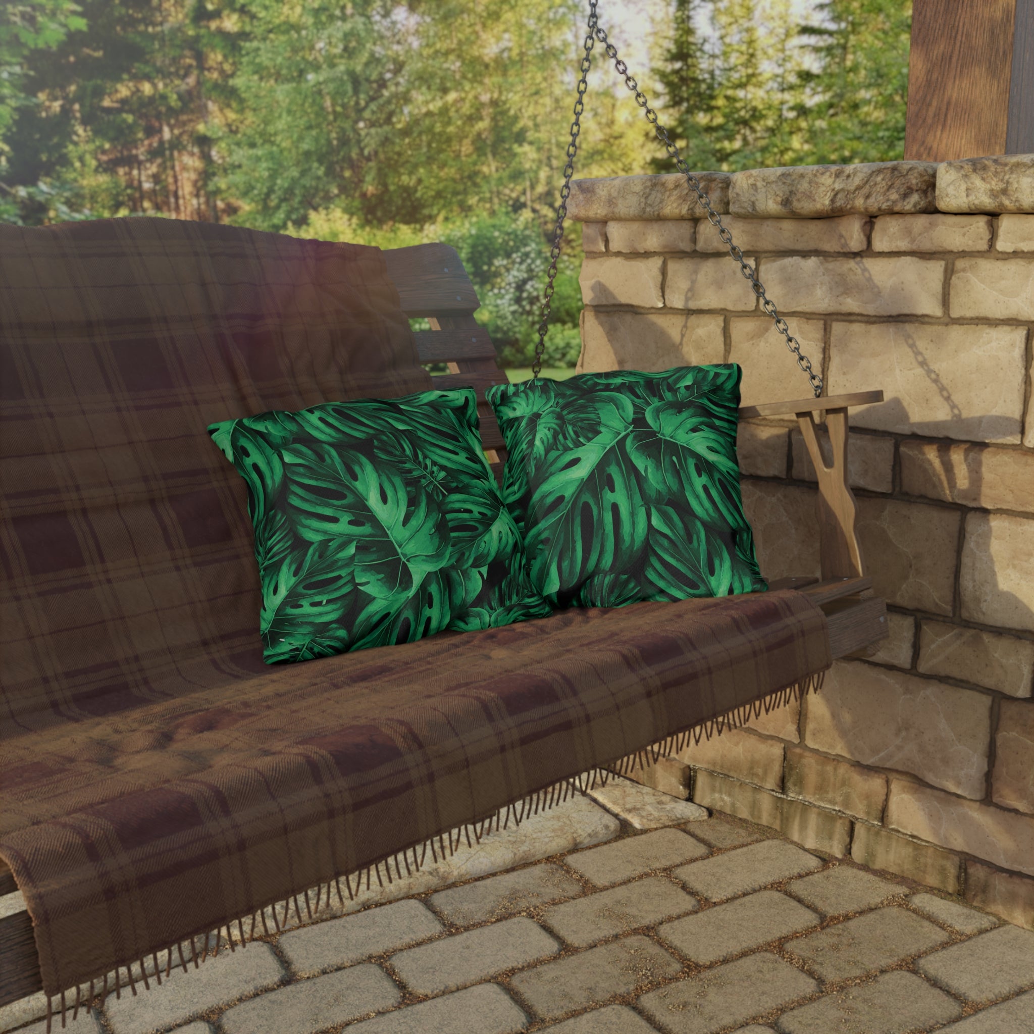 Monstera Leaf Outdoor Pillow — Tropical Green Patio Cushion