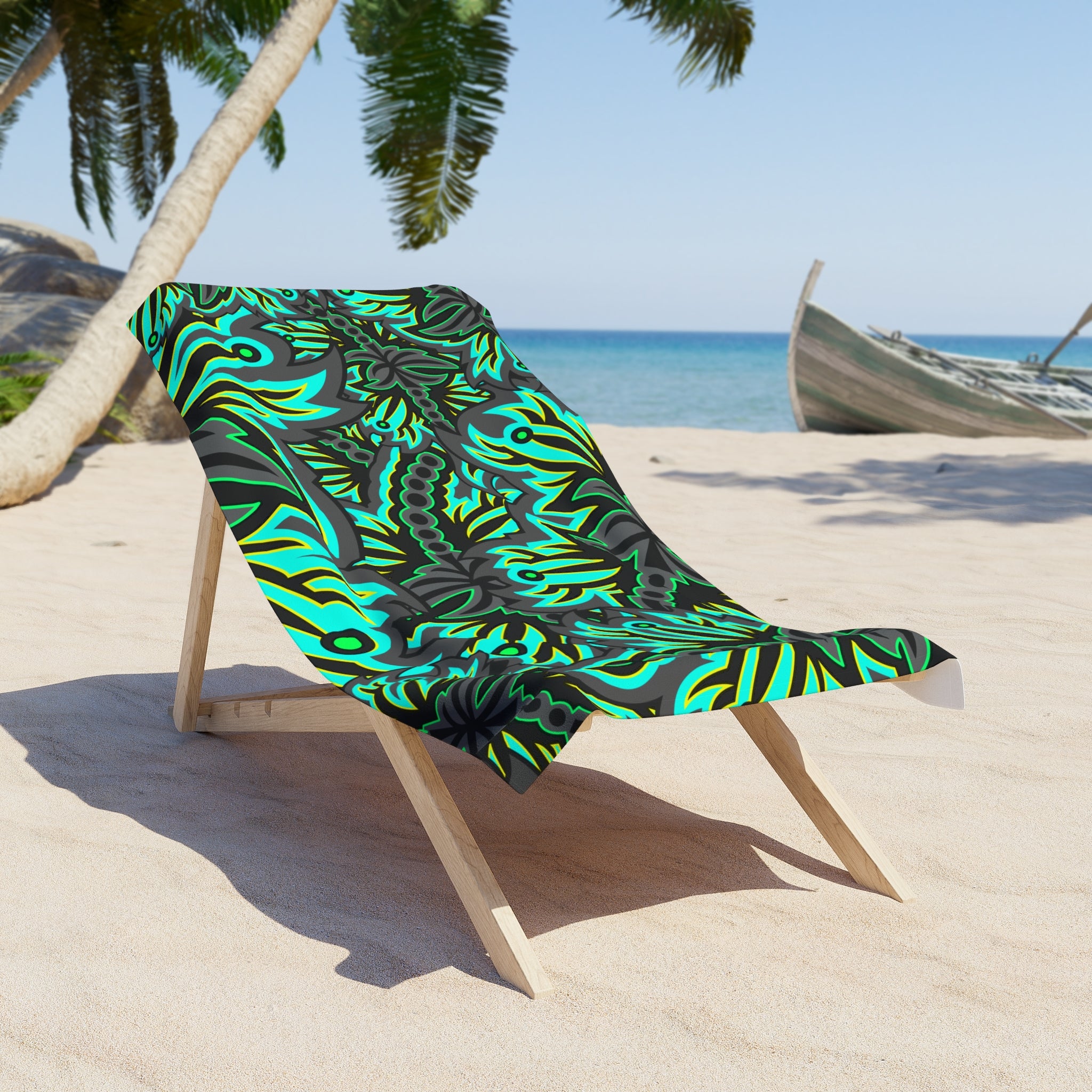 Tropical Floral Beach Towel — Teal & Black Hawaiian Pattern