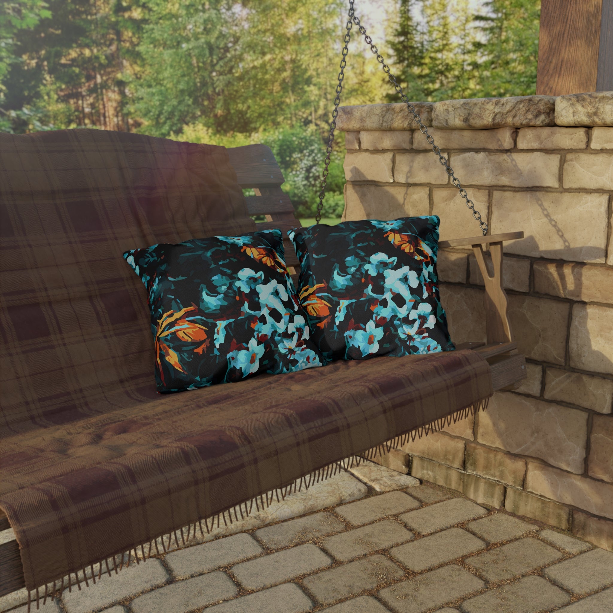 Turquoise Floral Outdoor Pillow — Bold Botanical Patio Cushion