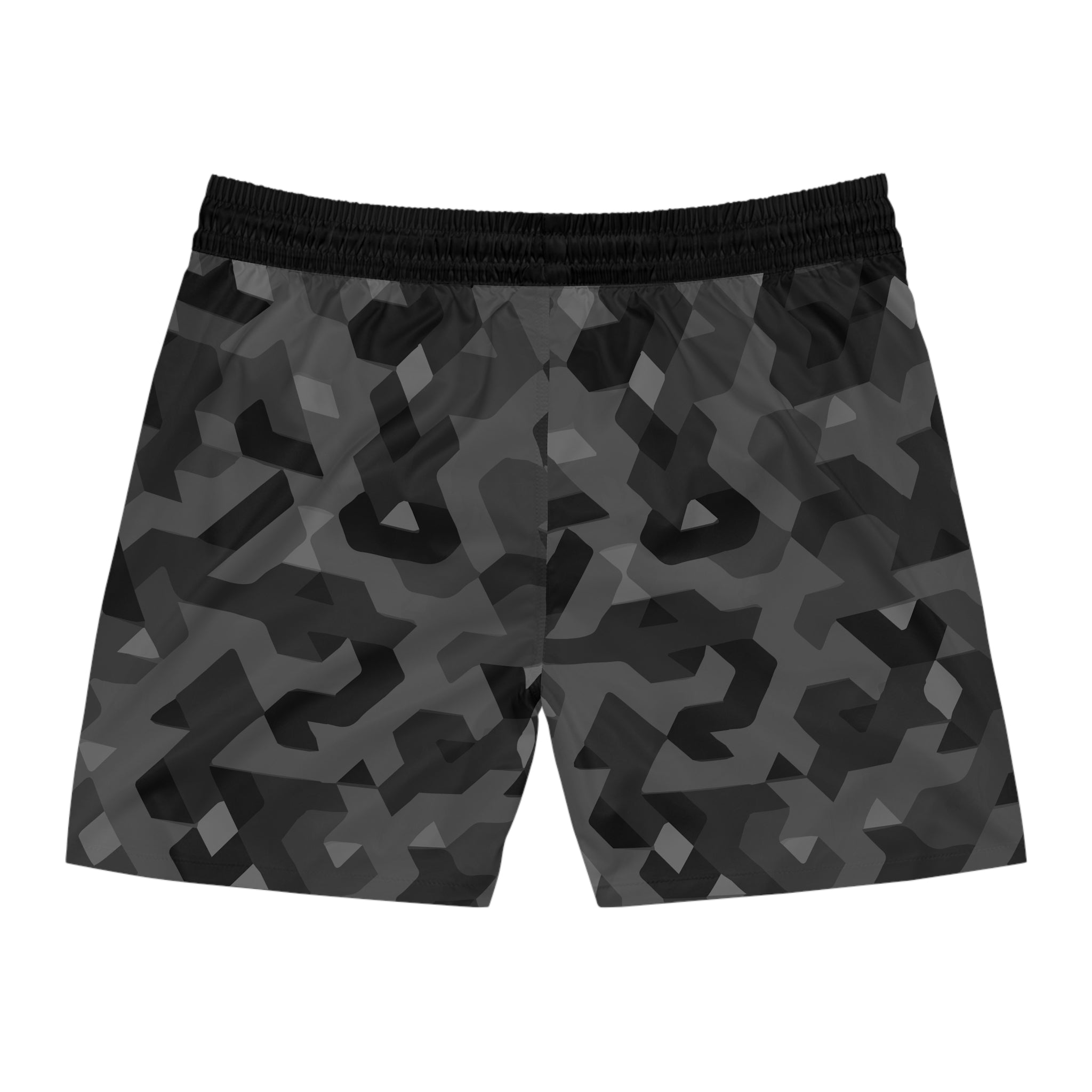 Men's Mid-Length Swim Shorts — Dark Geometric Camo All-Over Print