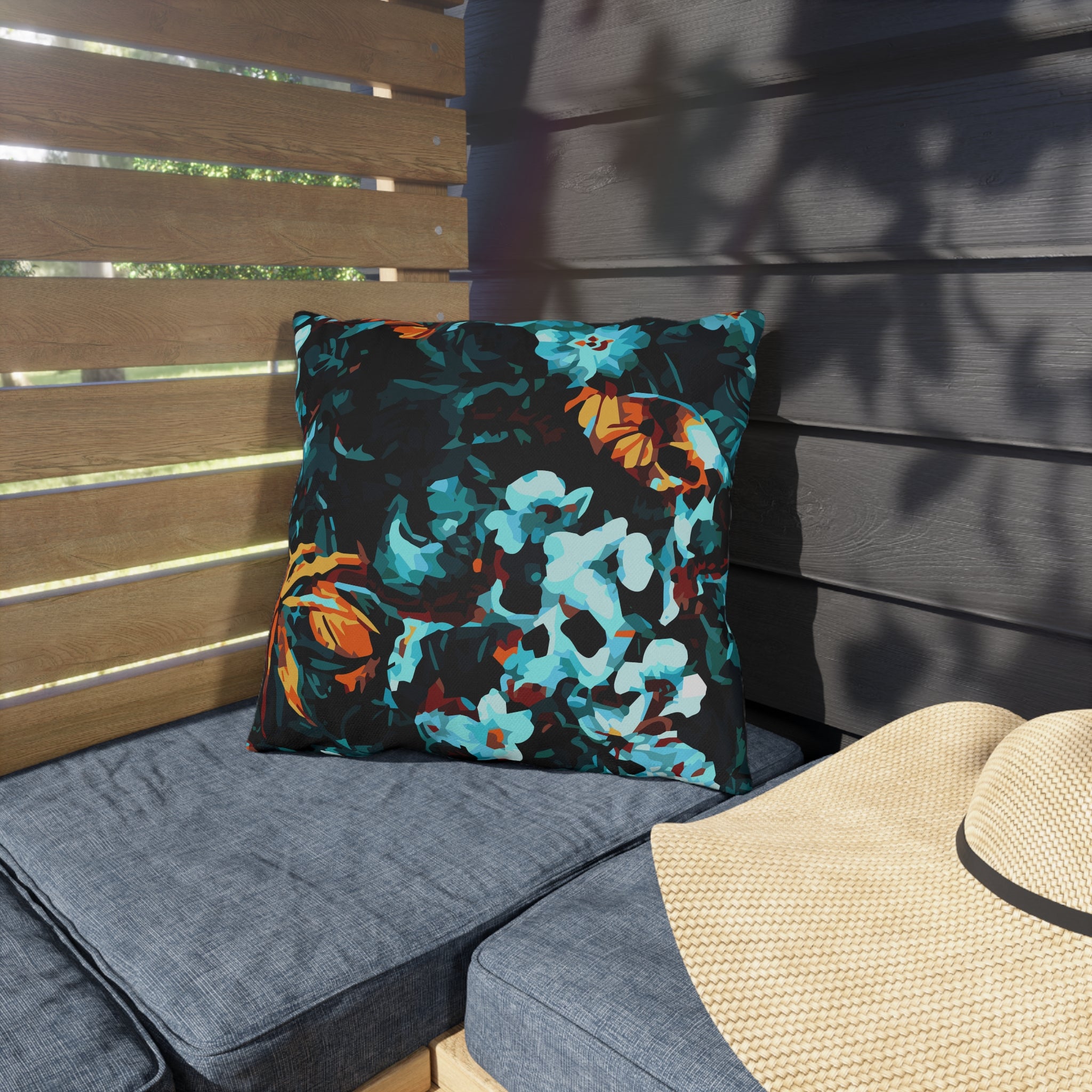 Turquoise Floral Outdoor Pillow — Bold Botanical Patio Cushion