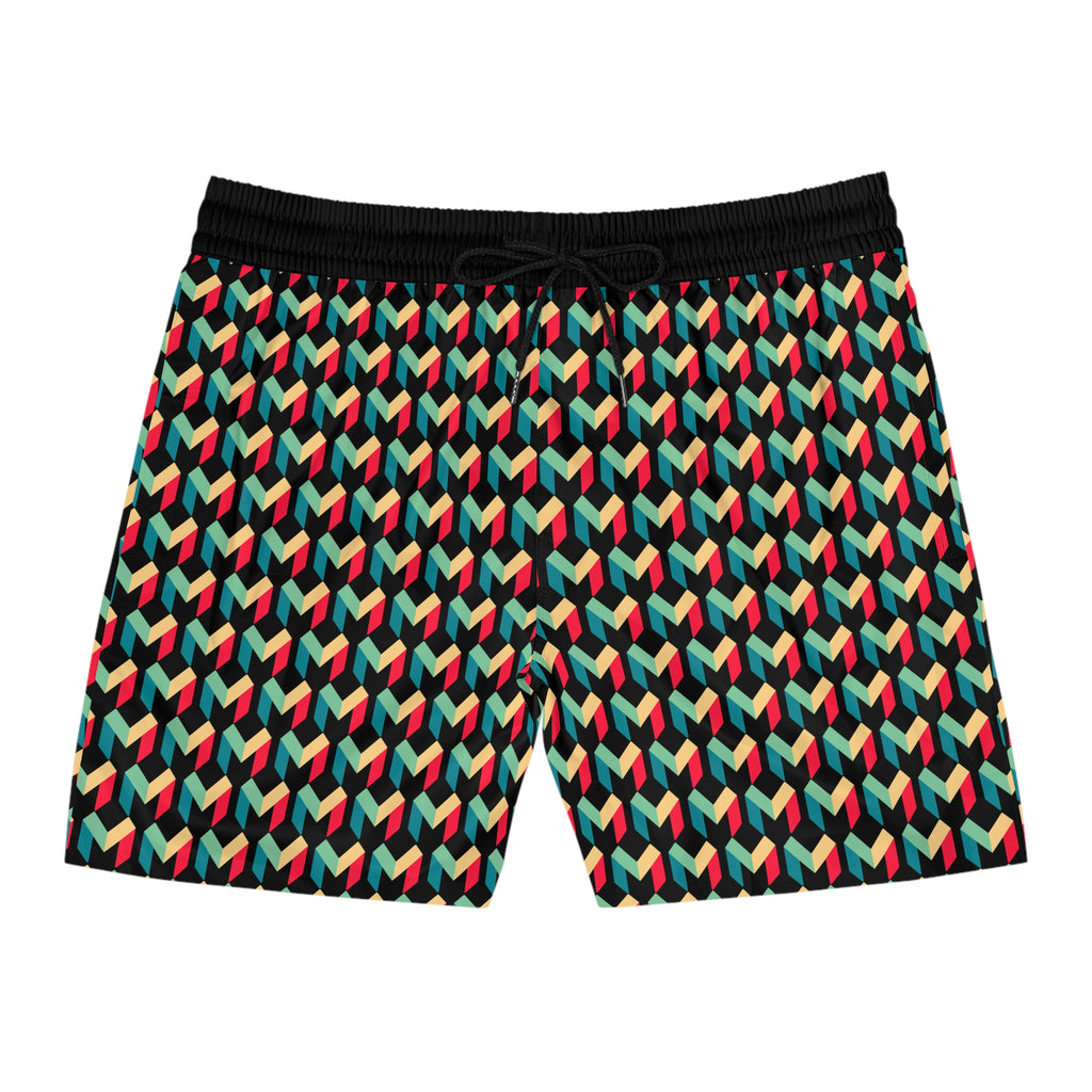 Men's Geometric Retro Swim Shorts — Colorful 3D Cube Pattern