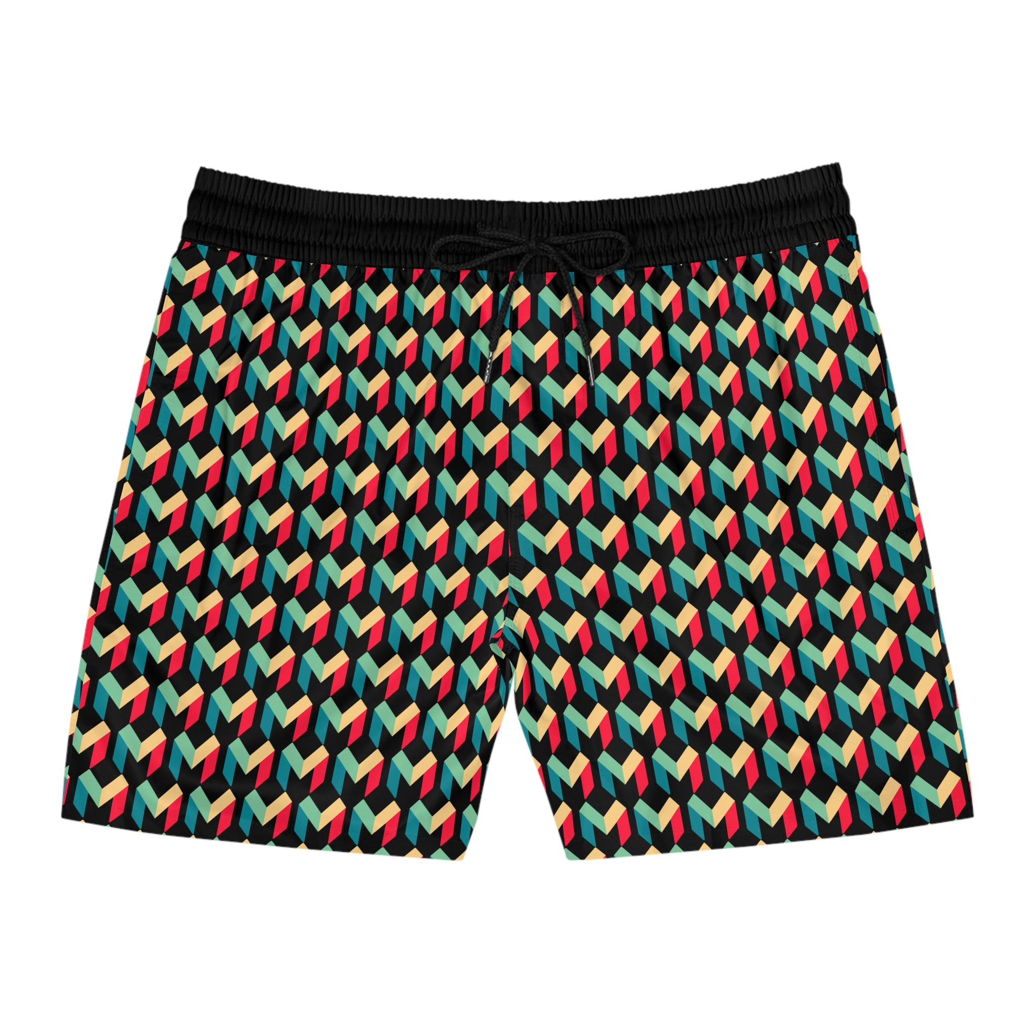 Men's Geometric Retro Swim Shorts — Colorful 3D Cube Pattern