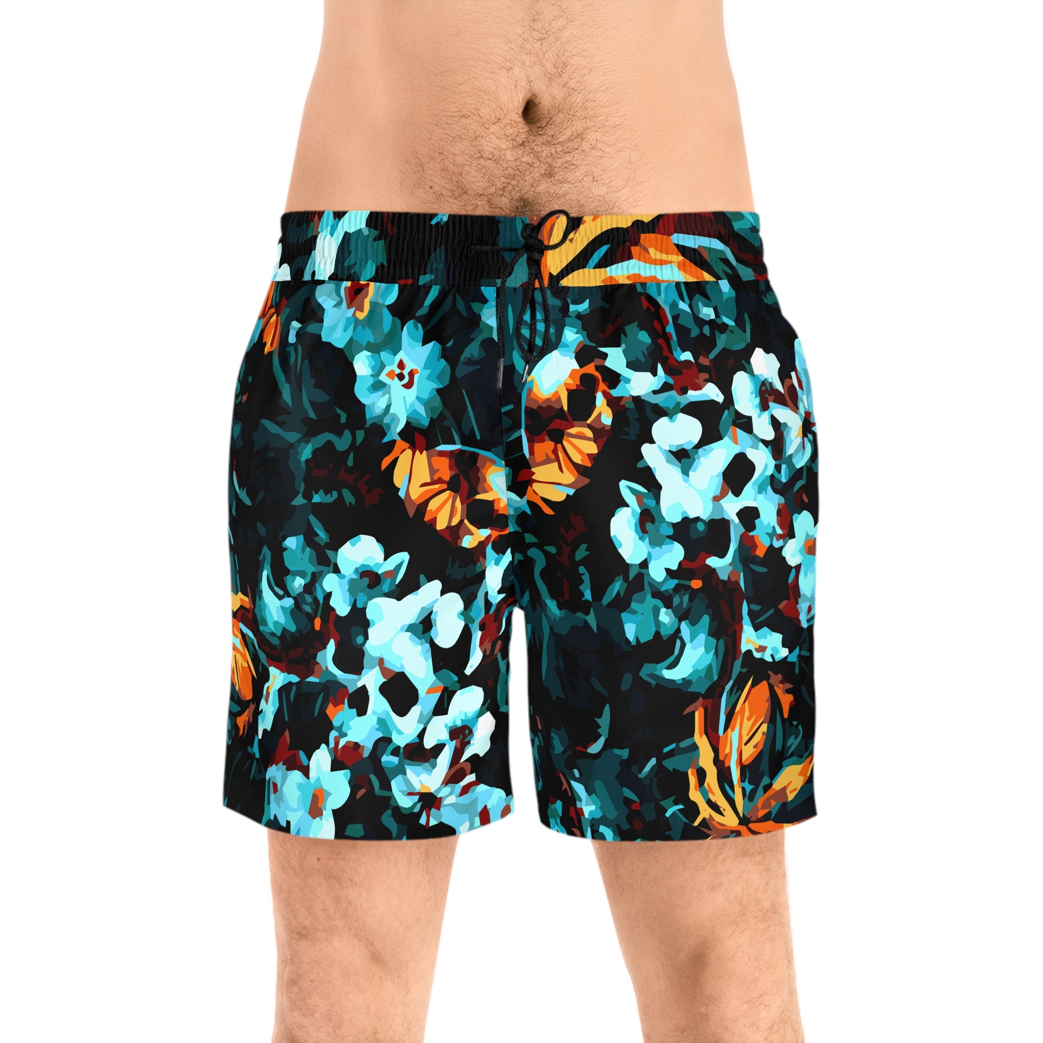 Teal Orange Floral Swim Shorts | Men's Mid-Length Beach Trunks