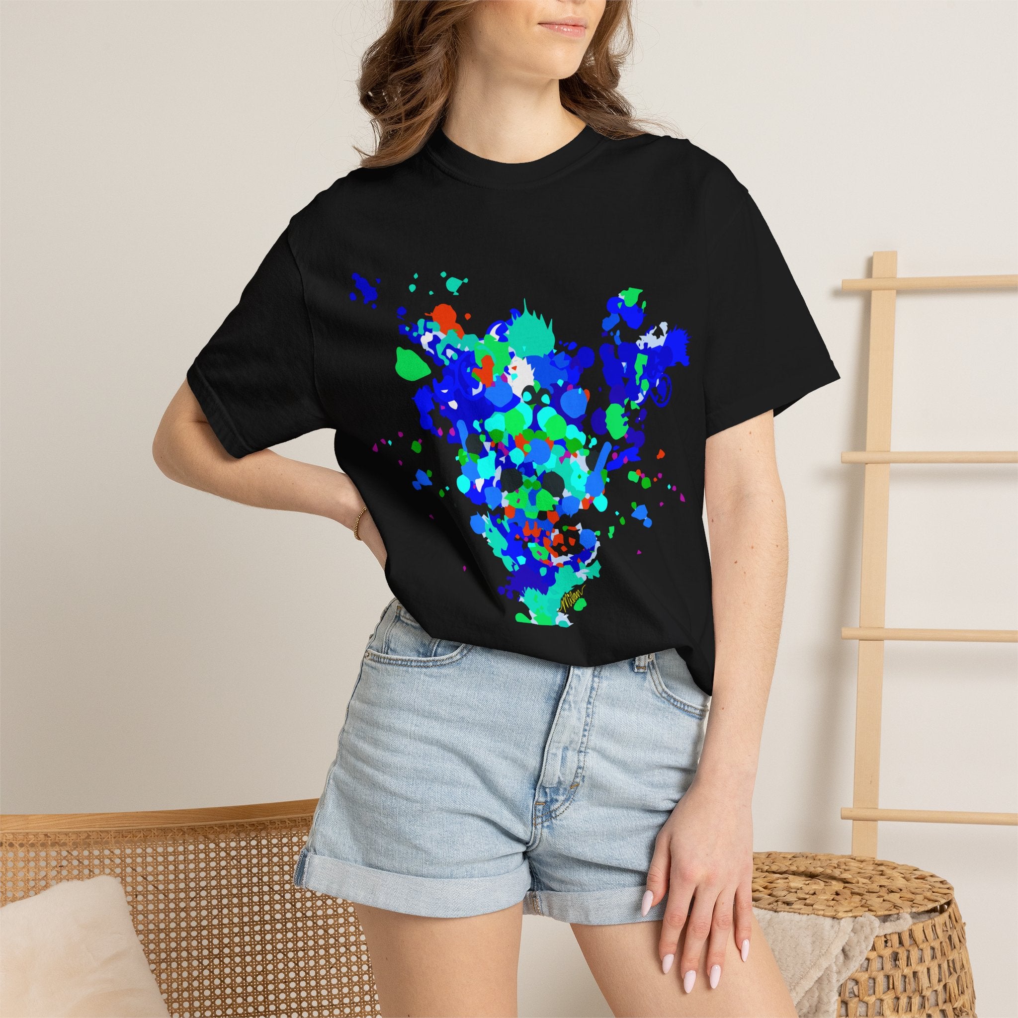 Abstract Blue-Green Paint Splatter T-Shirt