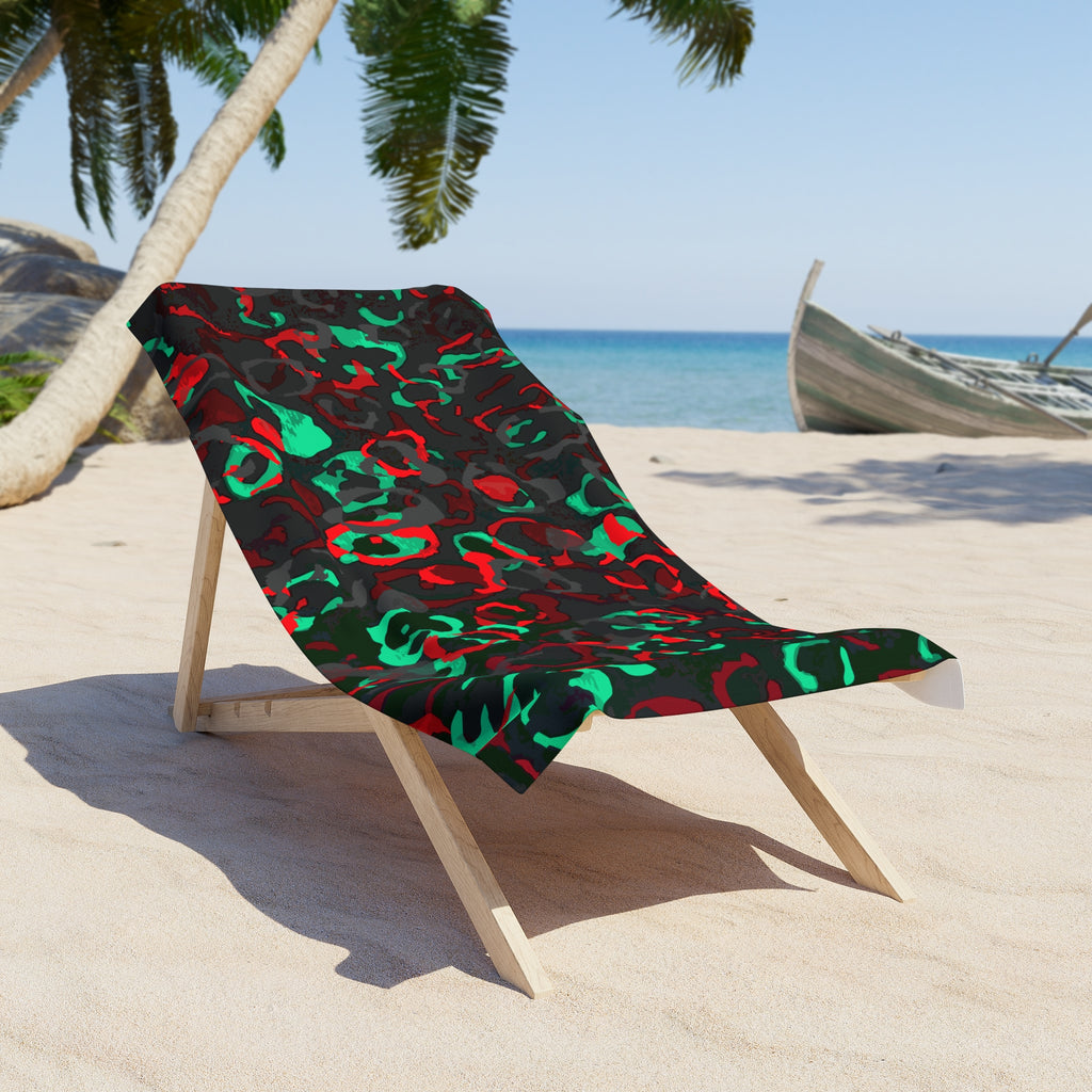 Tropical Leopard Print Beach Towel — Red & Green Abstract Animal Pattern