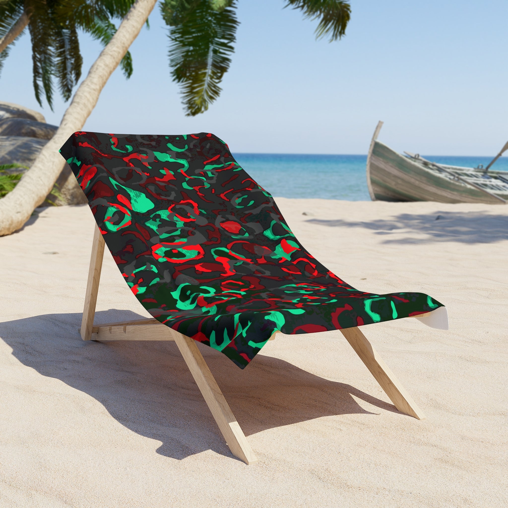 Tropical Leopard Print Beach Towel — Red & Green Abstract Animal Pattern