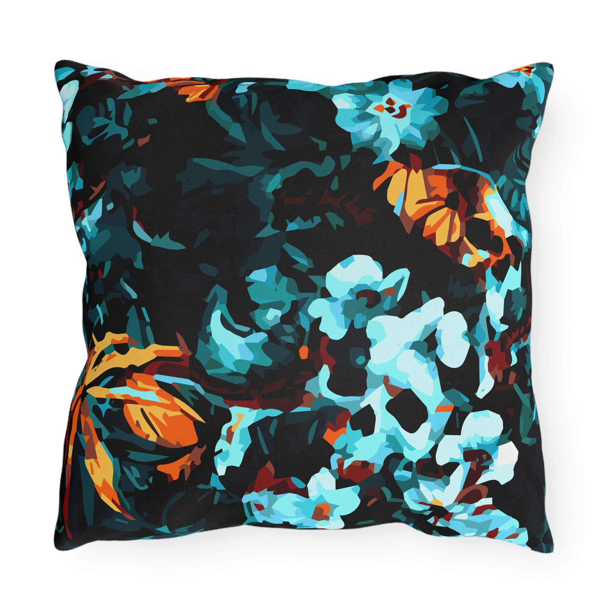 Turquoise Floral Outdoor Pillow — Bold Botanical Patio Cushion