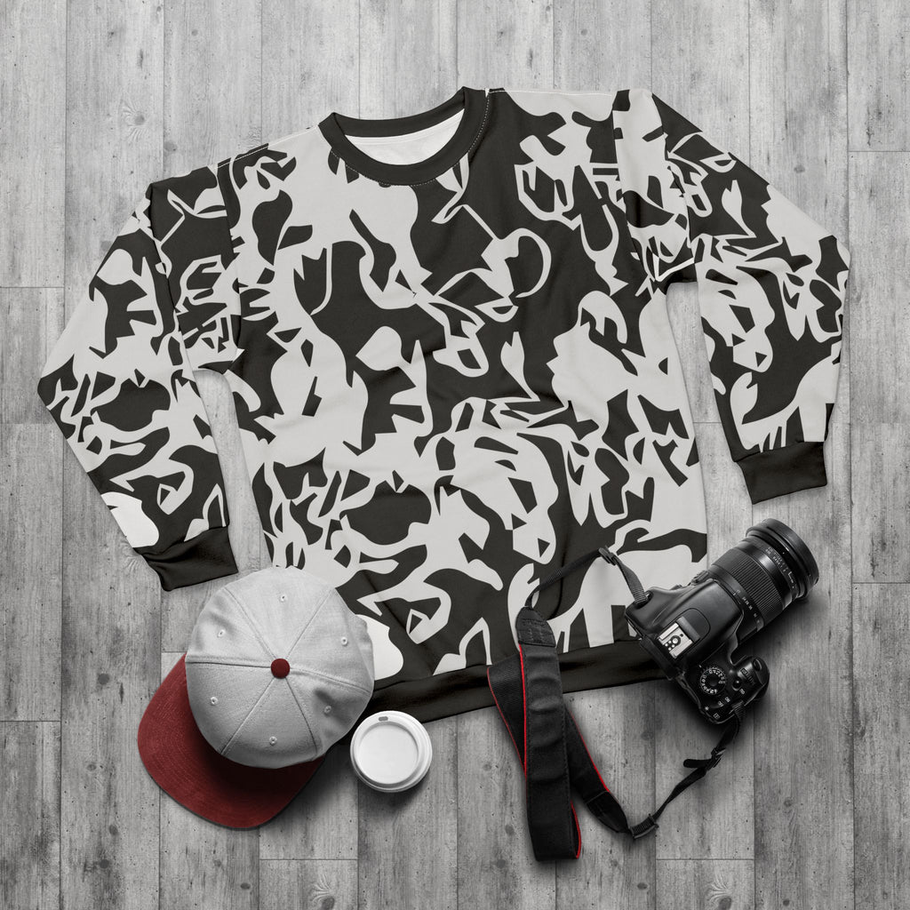 Camo Swirl Sweatshirt — Black & White All-Over Print