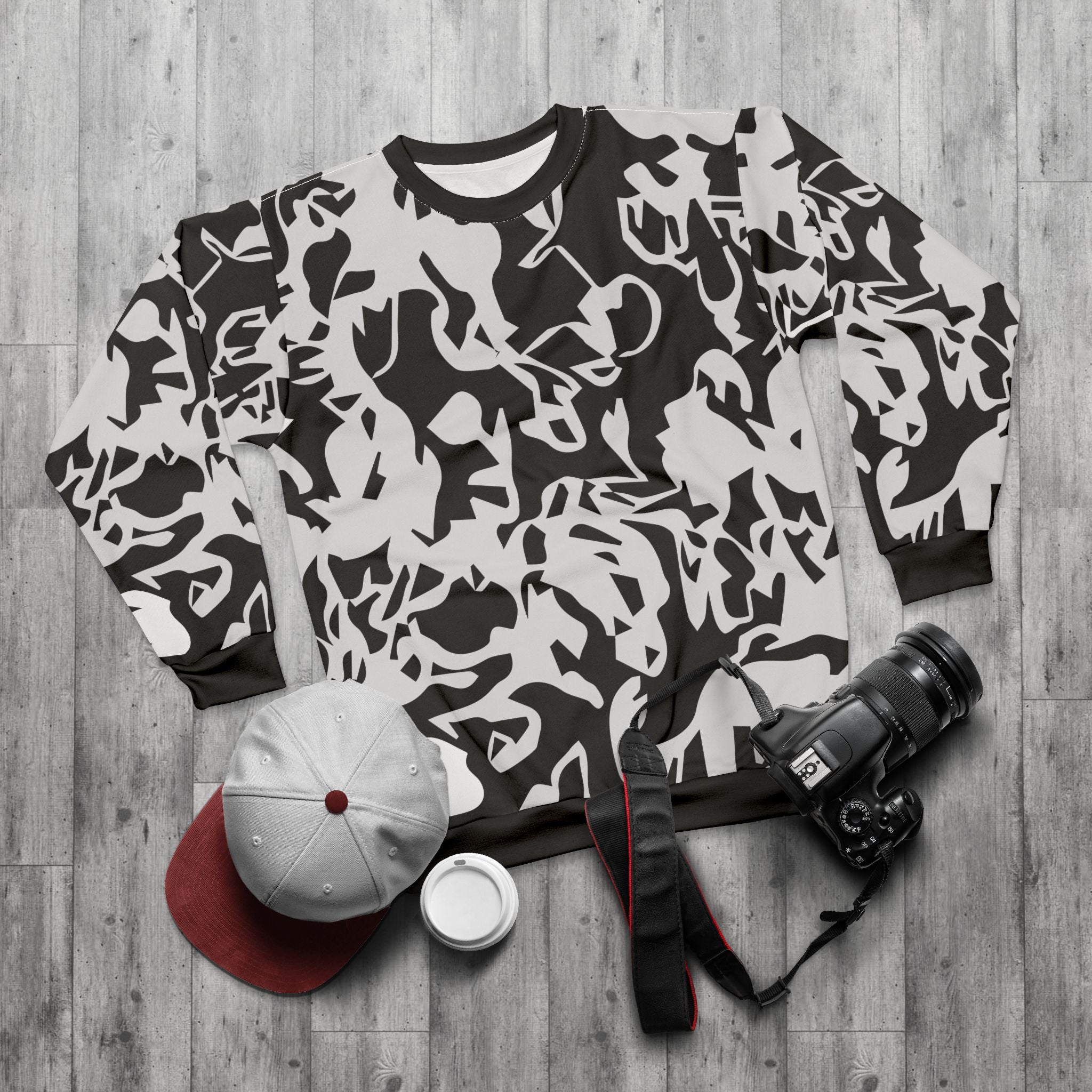Camo Swirl Sweatshirt — Black & White All-Over Print