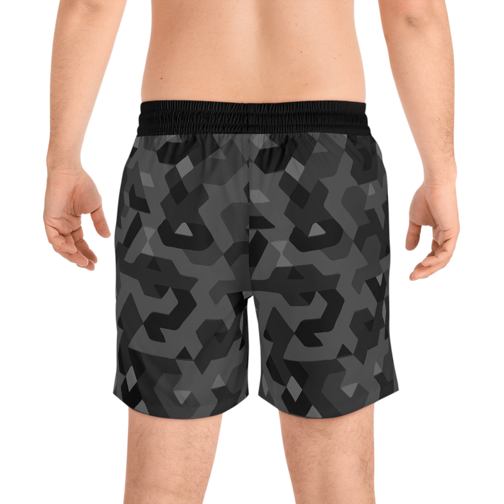 Men's Mid-Length Swim Shorts — Dark Geometric Camo All-Over Print
