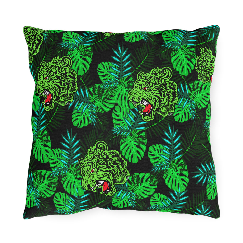 Tropical Tiger Outdoor Pillow — Green Jungle Leaf Pattern