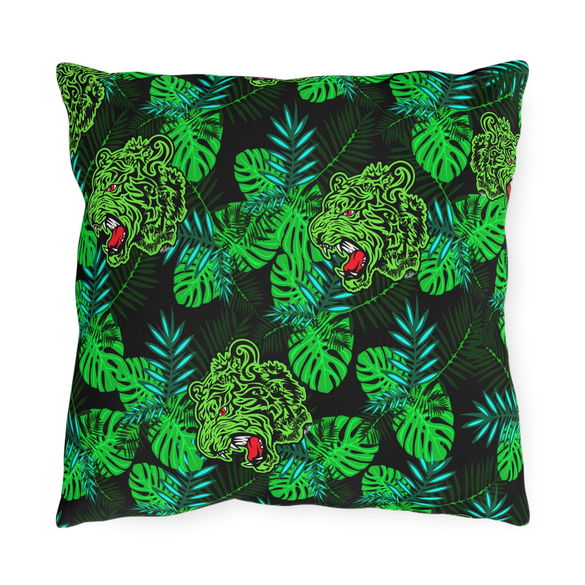 Tropical Tiger Outdoor Pillow — Green Jungle Leaf Pattern