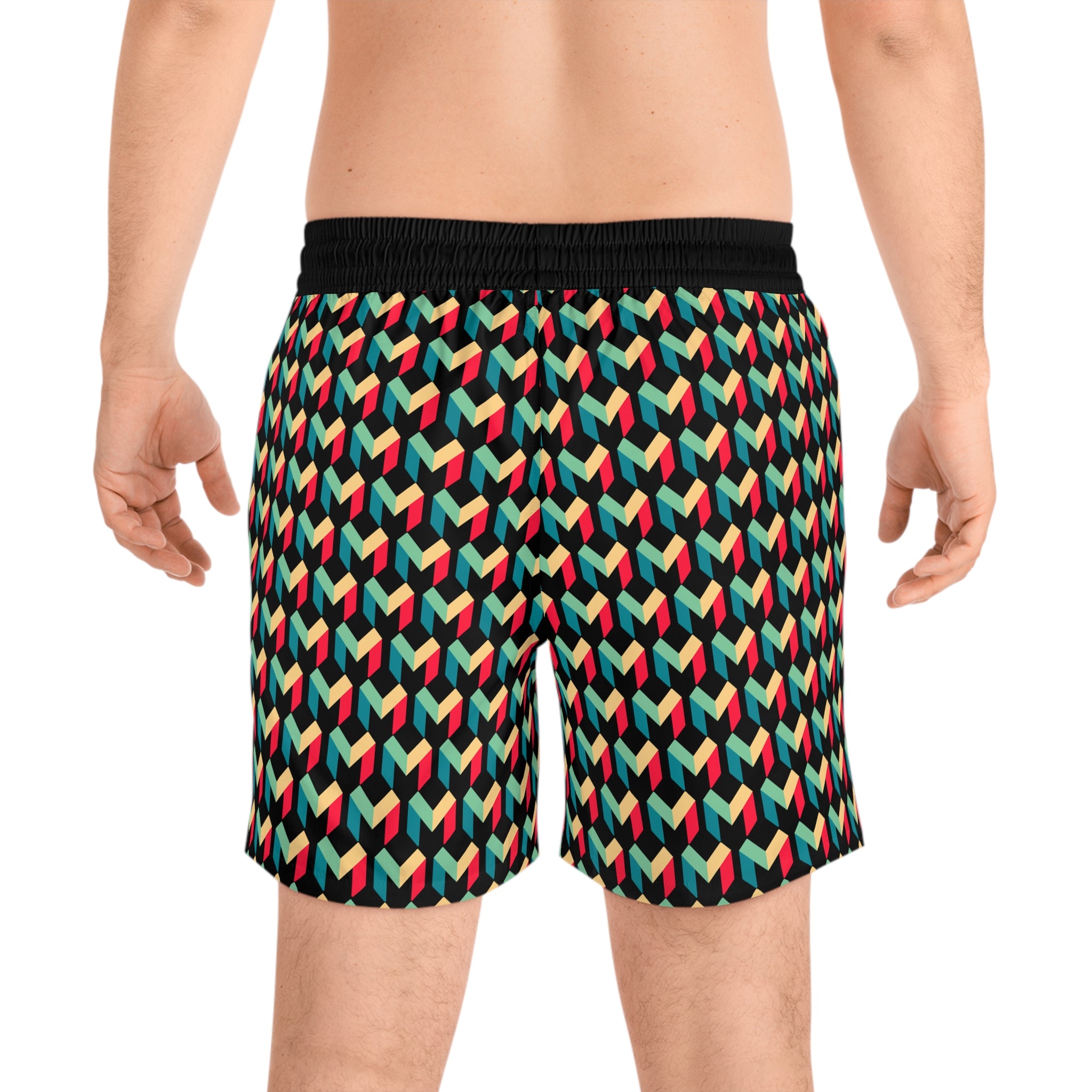 Men's Geometric Retro Swim Shorts — Colorful 3D Cube Pattern