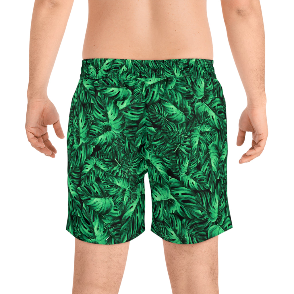 Tropical Monstera Swim Shorts — Men's Green Leaf Mid-Length Beach Trunks