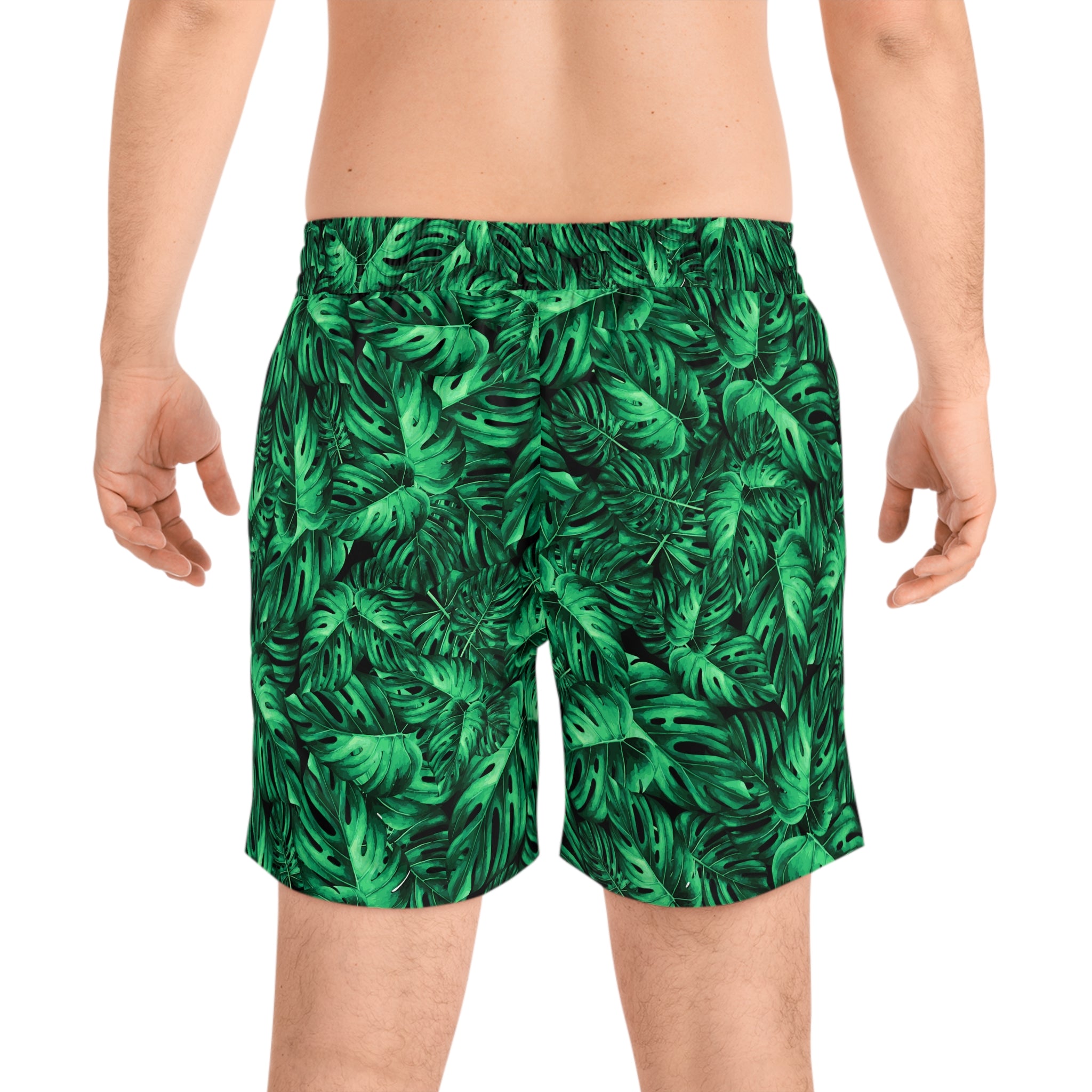 Tropical Monstera Swim Shorts — Men's Green Leaf Mid-Length Beach Trunks