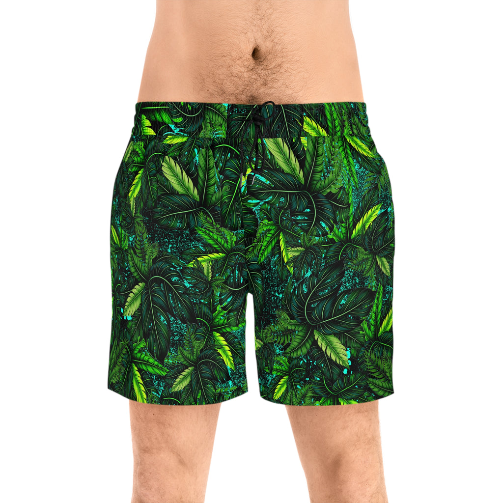 Tropical Jungle Leaves Swim Shorts | Men's Mid-Length Beach Trunks