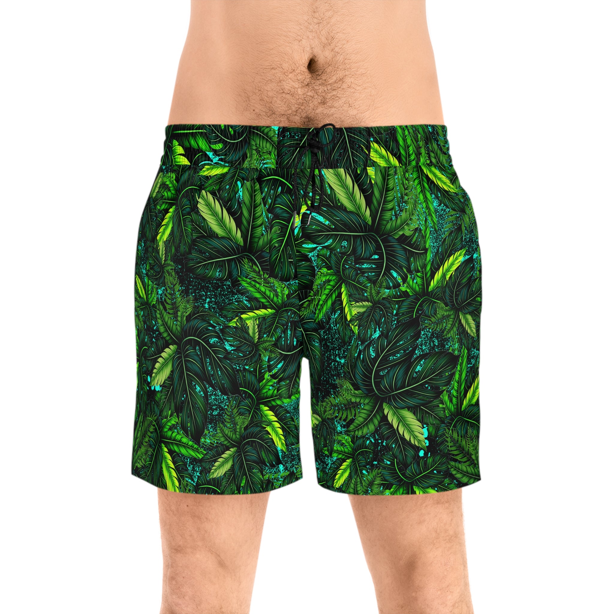 Tropical Jungle Leaves Swim Shorts | Men's Mid-Length Beach Trunks