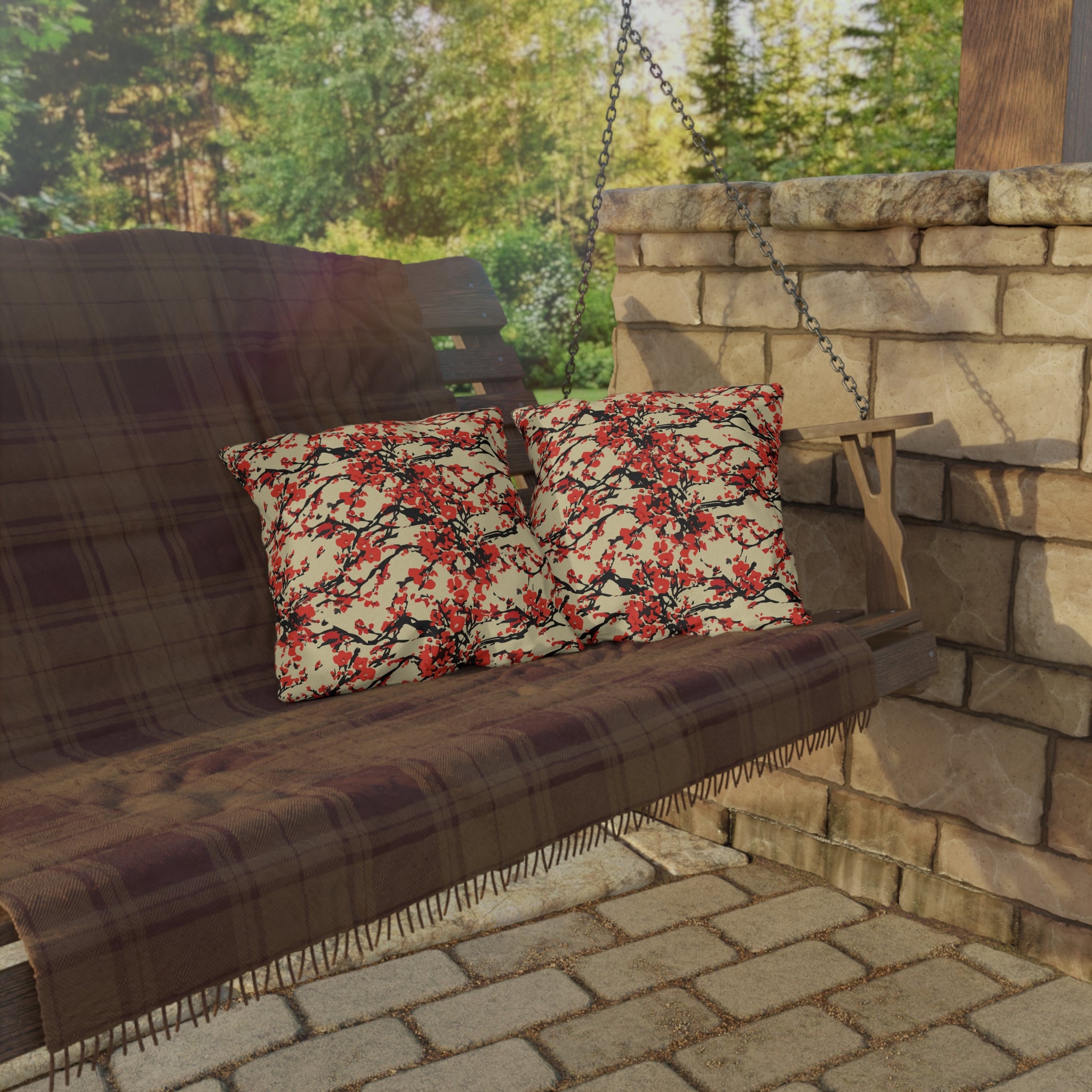 Outdoor Pillow - Red Cherry Blossom Floral Pattern