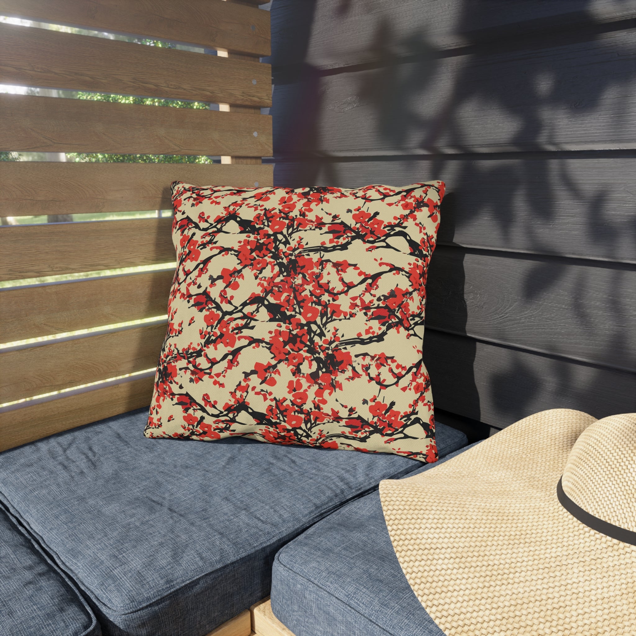 Outdoor Pillow - Red Cherry Blossom Floral Pattern