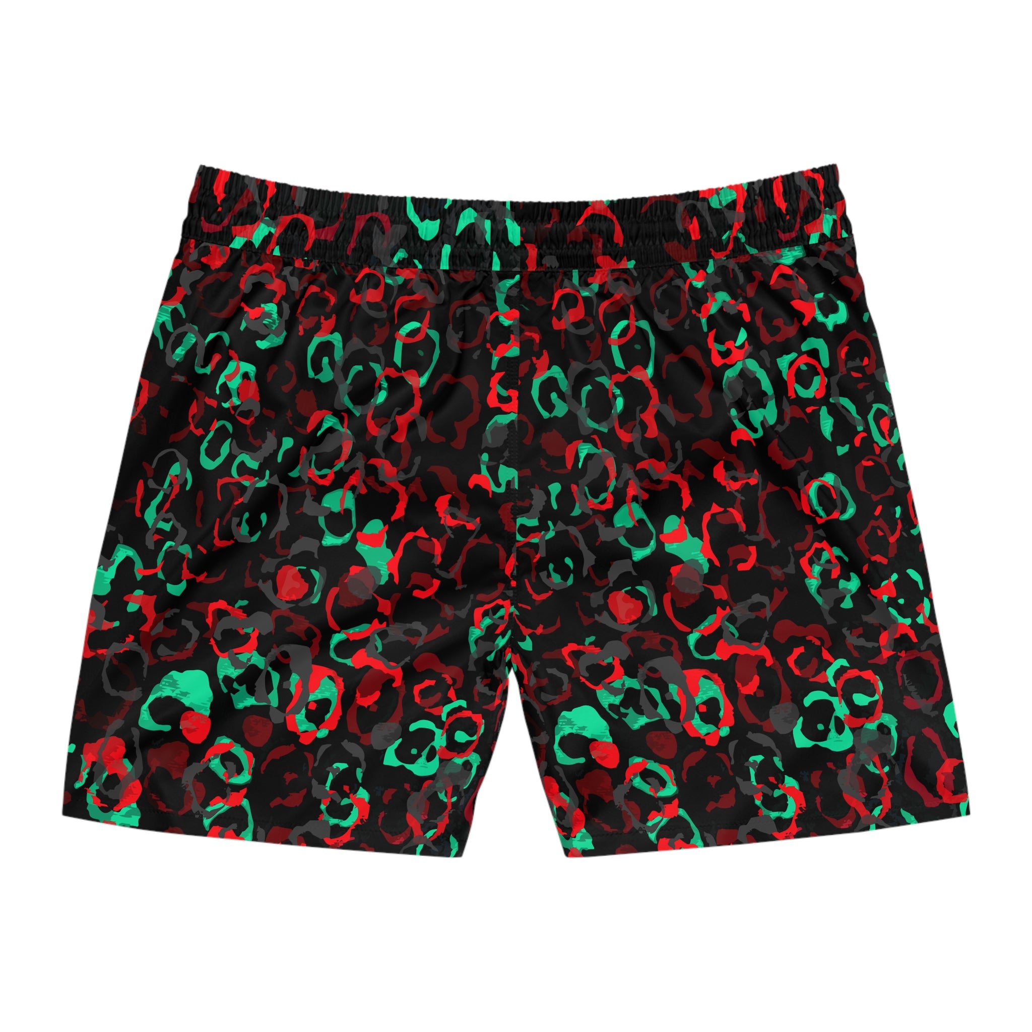 Red Green Leopard Print Swim Shorts | Mid-Length AOP