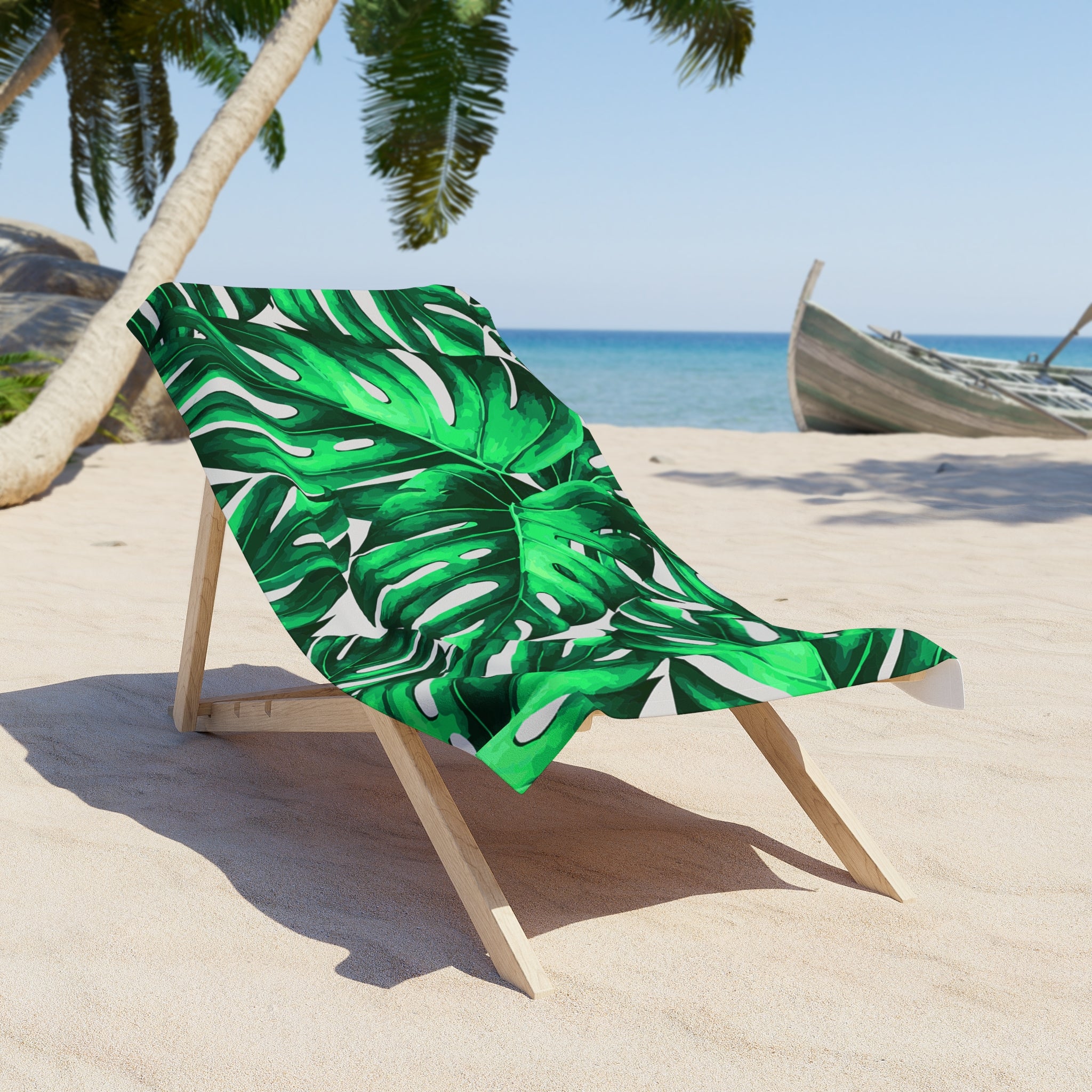 Tropical Monstera Beach Towel — Green Palm Leaf Sun & Pool Towel