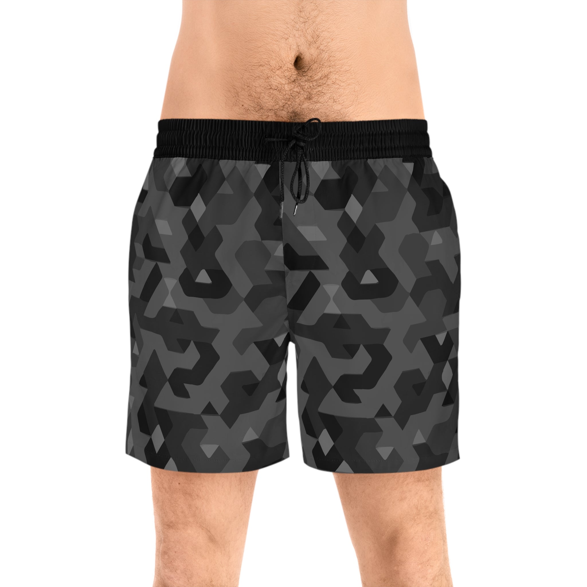 Men's Mid-Length Swim Shorts — Dark Geometric Camo All-Over Print