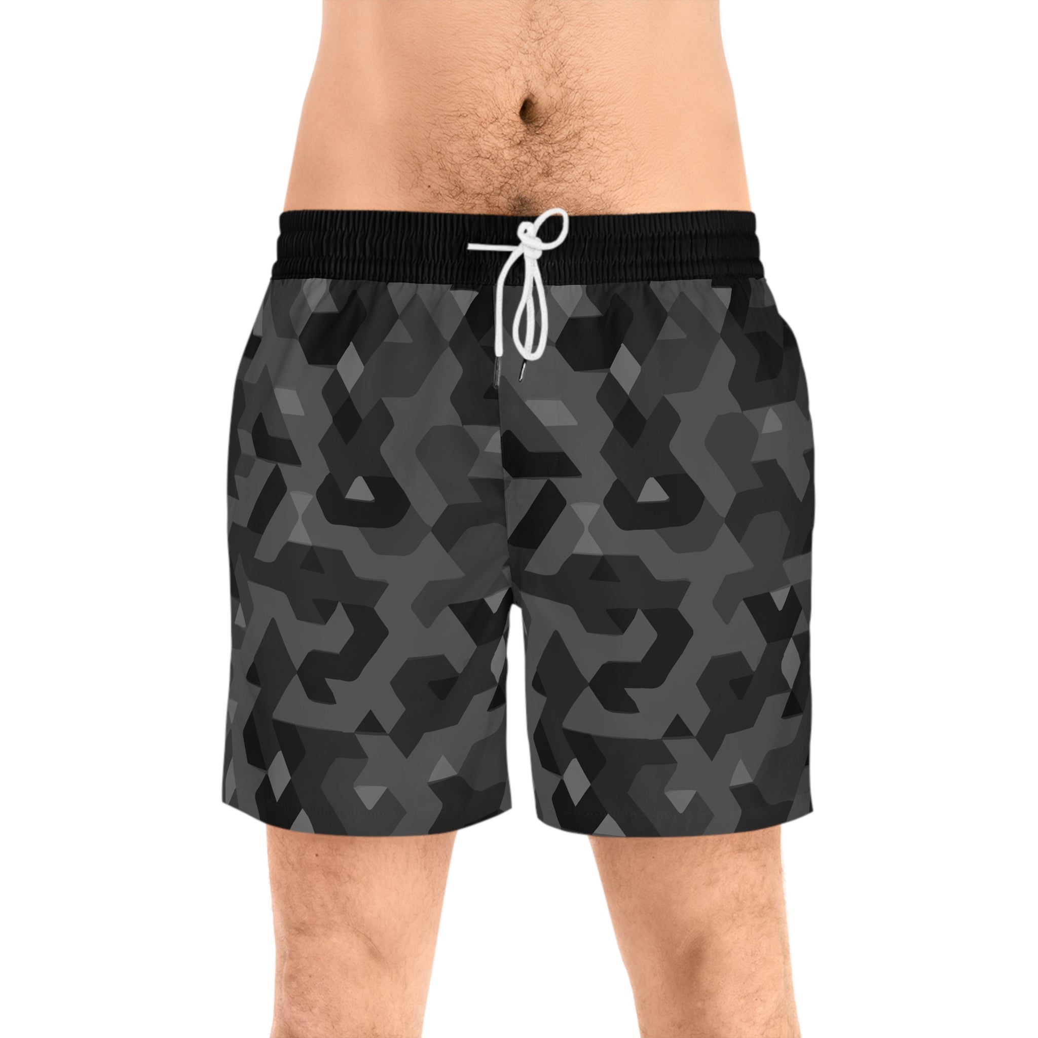 Men's Mid-Length Swim Shorts — Dark Geometric Camo All-Over Print