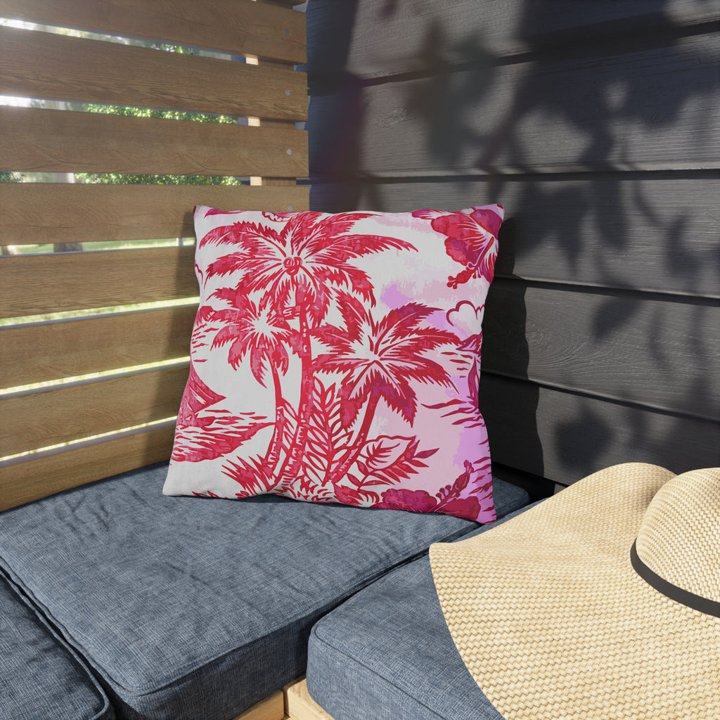 Pink Tropical Palm Print Outdoor Pillow | Hibiscus Beach Pattern