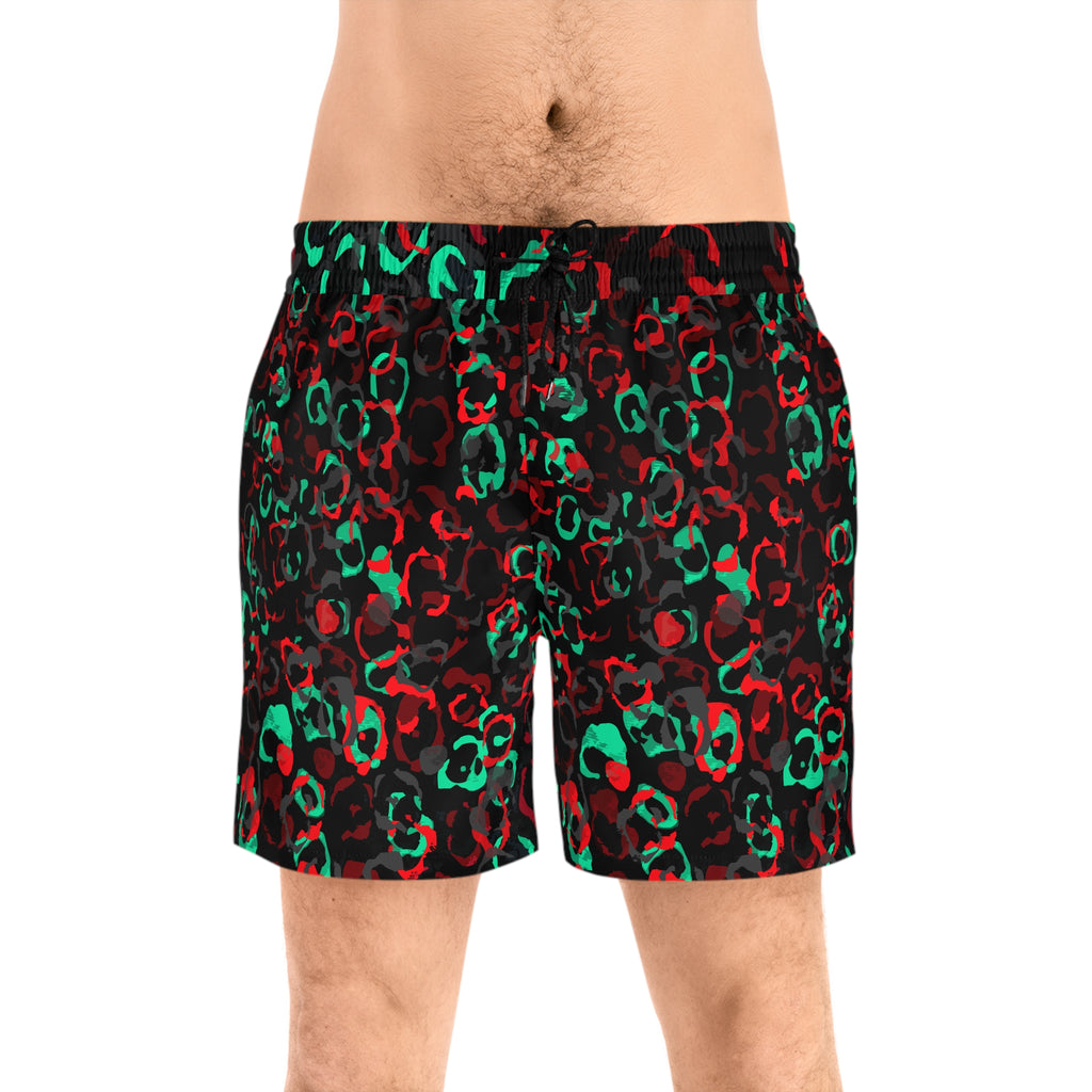 Red Green Leopard Print Swim Shorts | Mid-Length AOP